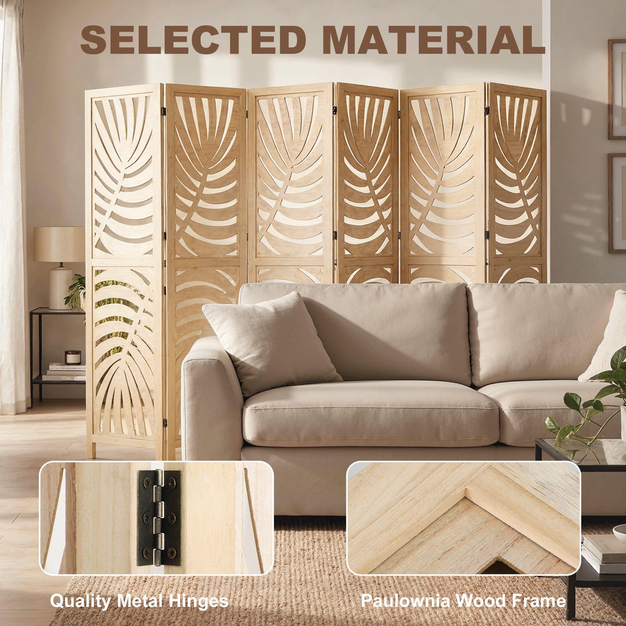 6 Panel Room Divider, Detachable Folding Privacy Screens with Palm Leaf Design for Home Office, Natural Wood-Home Furnishings > Living Room Furniture > Room Dividers-DECOROLALA
