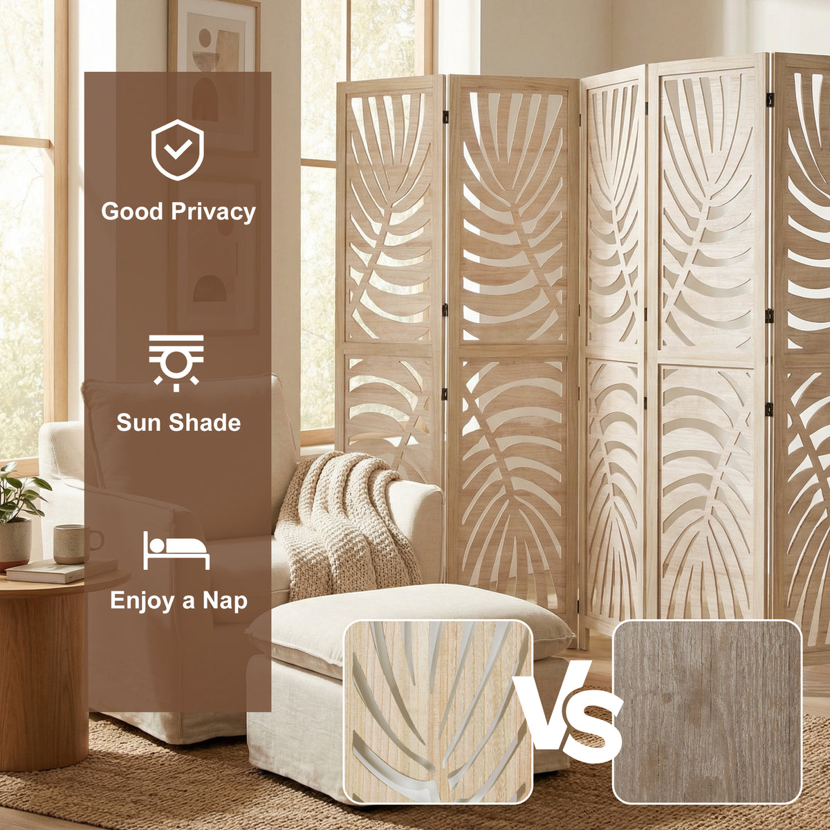 6 Panel Room Divider, Detachable Folding Privacy Screens with Palm Leaf Design for Home Office, Natural Wood-Home Furnishings > Living Room Furniture > Room Dividers-DECOROLALA