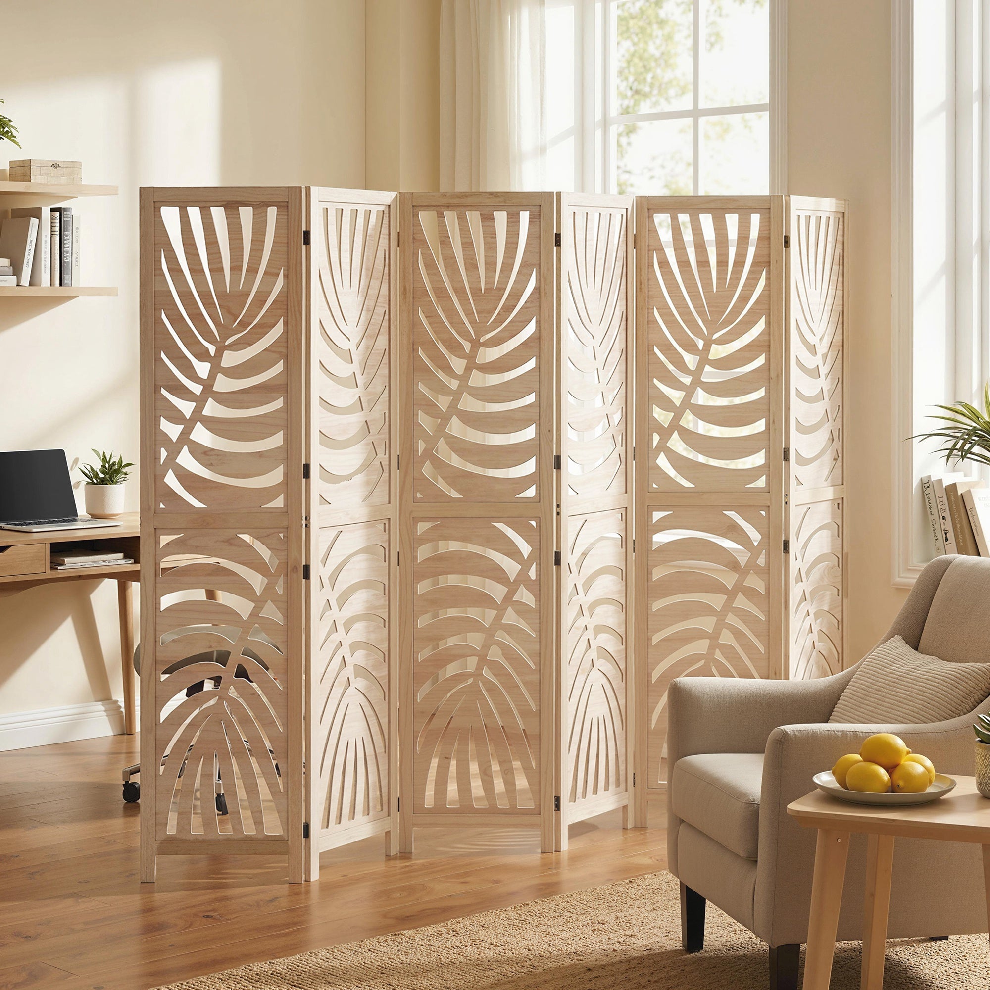 6 Panel Room Divider, Detachable Folding Privacy Screens with Palm Leaf Design for Home Office, Natural Wood-Home Furnishings > Living Room Furniture > Room Dividers-DECOROLALA