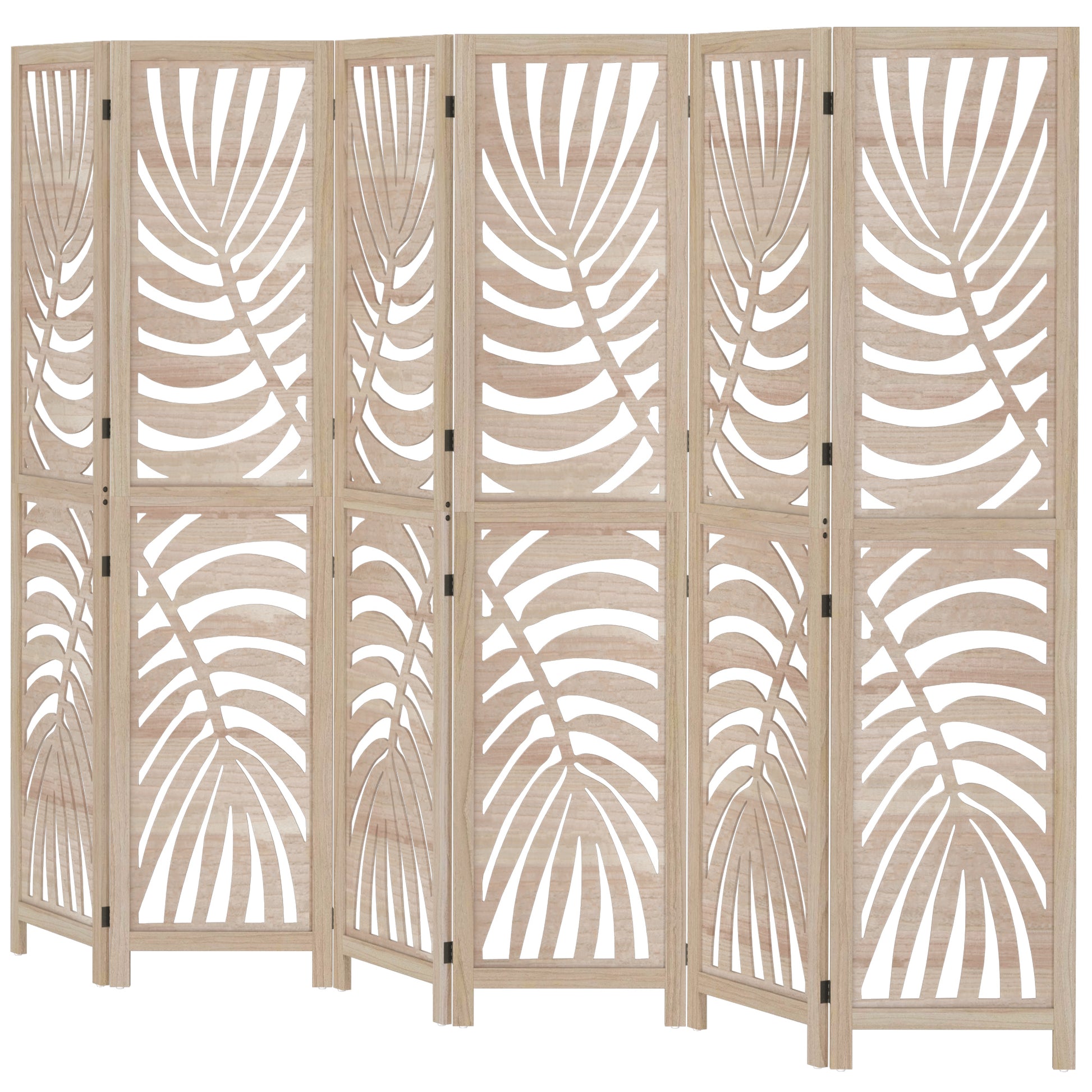 6 Panel Room Divider, Detachable Folding Privacy Screens with Palm Leaf Design for Home Office, Natural Wood-Home Furnishings > Living Room Furniture > Room Dividers-DECOROLALA