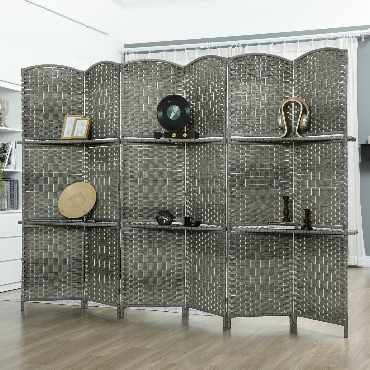 6-Panel Room Divider with Shelves - 6ft Grey Hand-Woven Screen-Home Furnishings > Living Room Furniture > Room Dividers-DECOROLALA