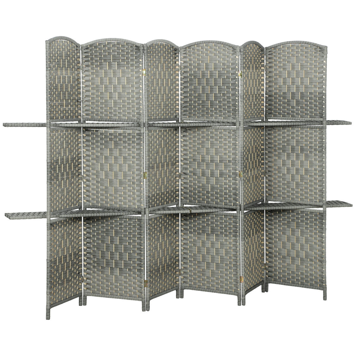 6-Panel Room Divider with Shelves - 6ft Grey Hand-Woven Screen-Home Furnishings > Living Room Furniture > Room Dividers-DECOROLALA