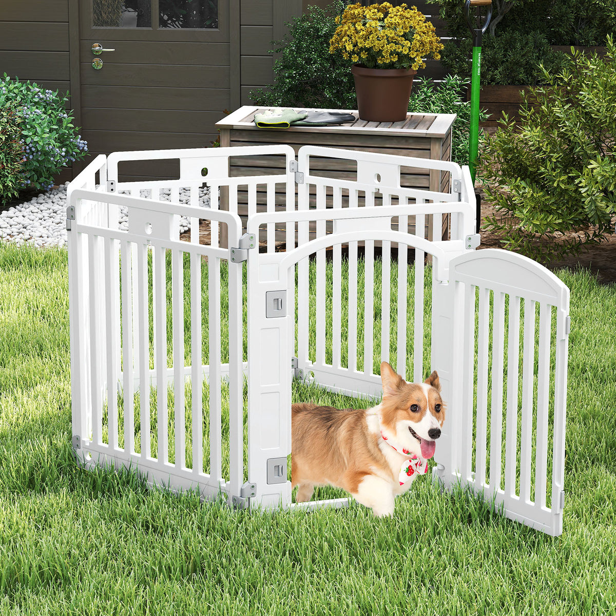 6-Panel Tall Dog Playpen Foldable Pet Fence with Locking Door-White-Pet Gates-DECOROLALA