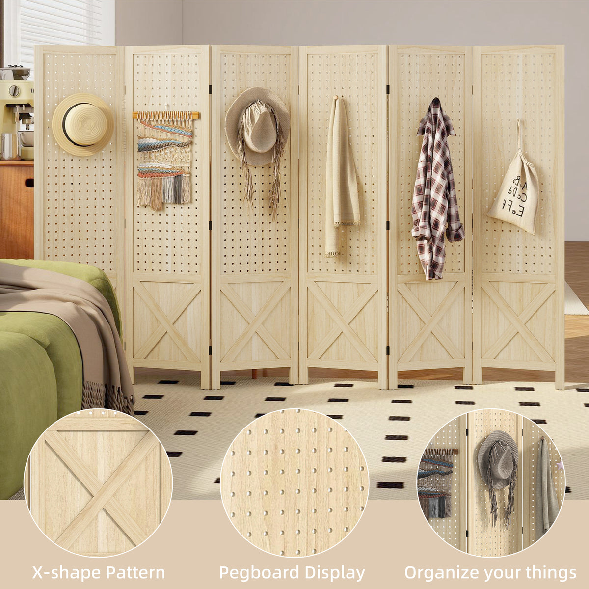 6-Panel Wooden Room Divider with Pegboard - Natural Wood-Home Furnishings > Living Room Furniture > Room Dividers-DECOROLALA