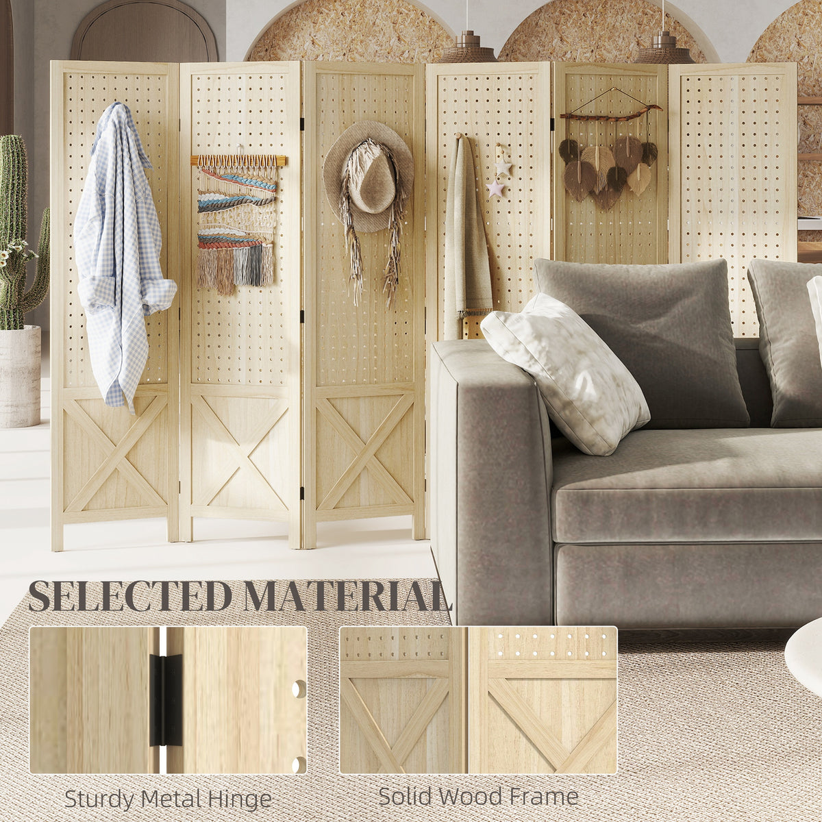 6-Panel Wooden Room Divider with Pegboard - Natural Wood-Home Furnishings > Living Room Furniture > Room Dividers-DECOROLALA