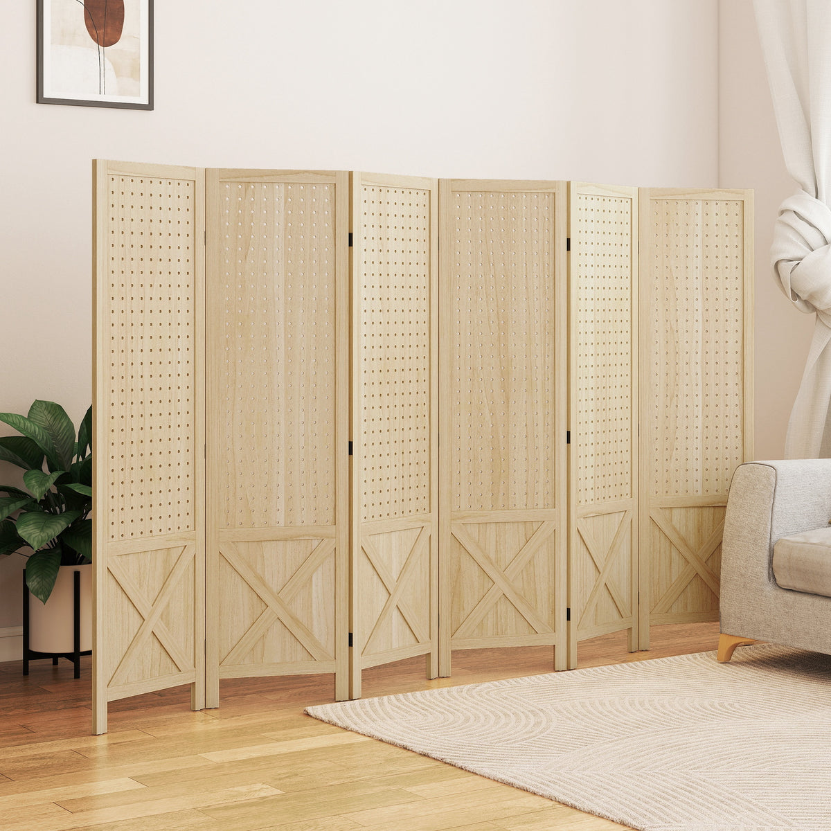 6-Panel Wooden Room Divider with Pegboard - Natural Wood-Home Furnishings > Living Room Furniture > Room Dividers-DECOROLALA