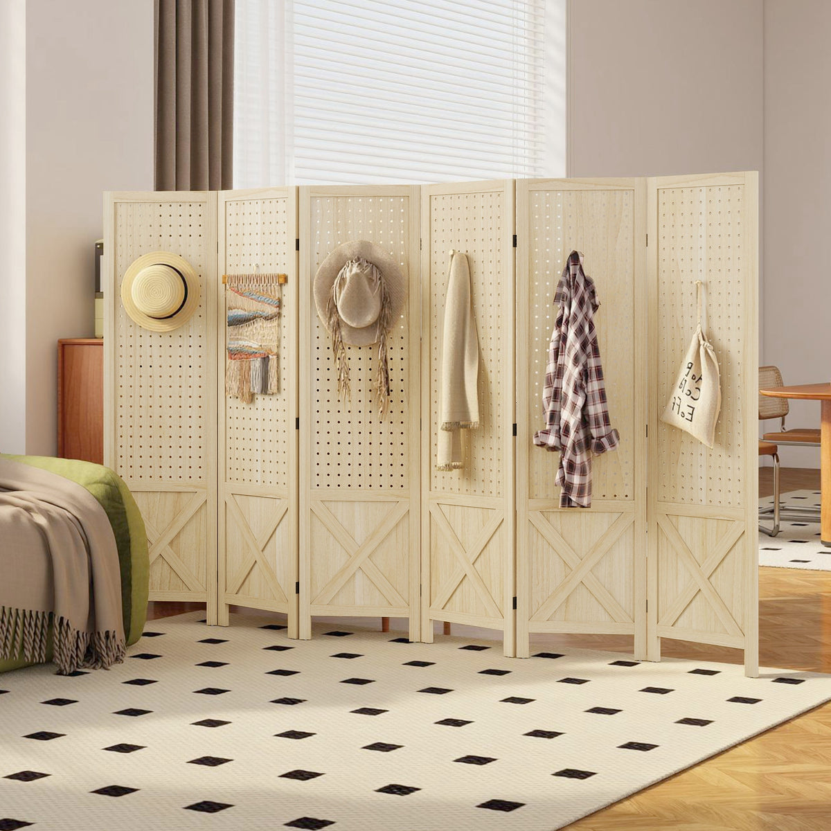 6-Panel Wooden Room Divider with Pegboard - Natural Wood-Home Furnishings > Living Room Furniture > Room Dividers-DECOROLALA