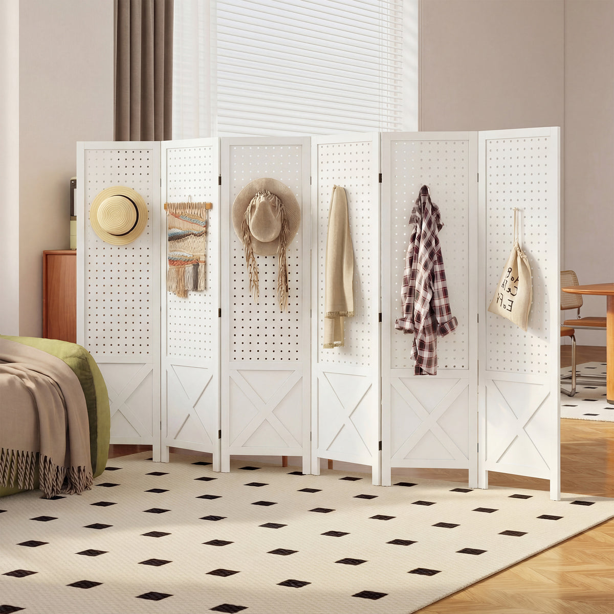 6-Panel Wooden Room Divider with Pegboard - White 57"-Home Furnishings > Living Room Furniture > Room Dividers-DECOROLALA