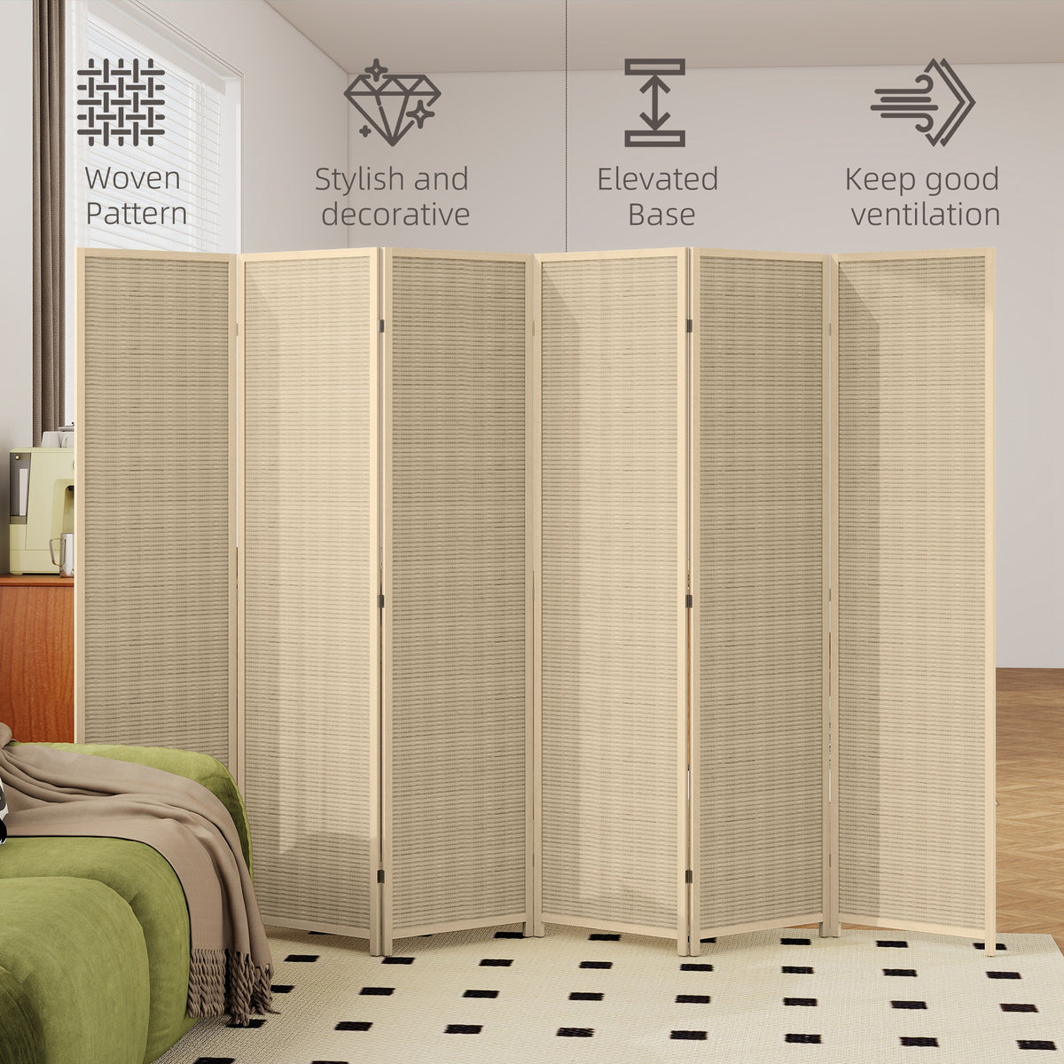 6-Panel Woven Bamboo Room Divider - Natural Wood 71" H-Home Furnishings > Living Room Furniture > Room Dividers-DECOROLALA