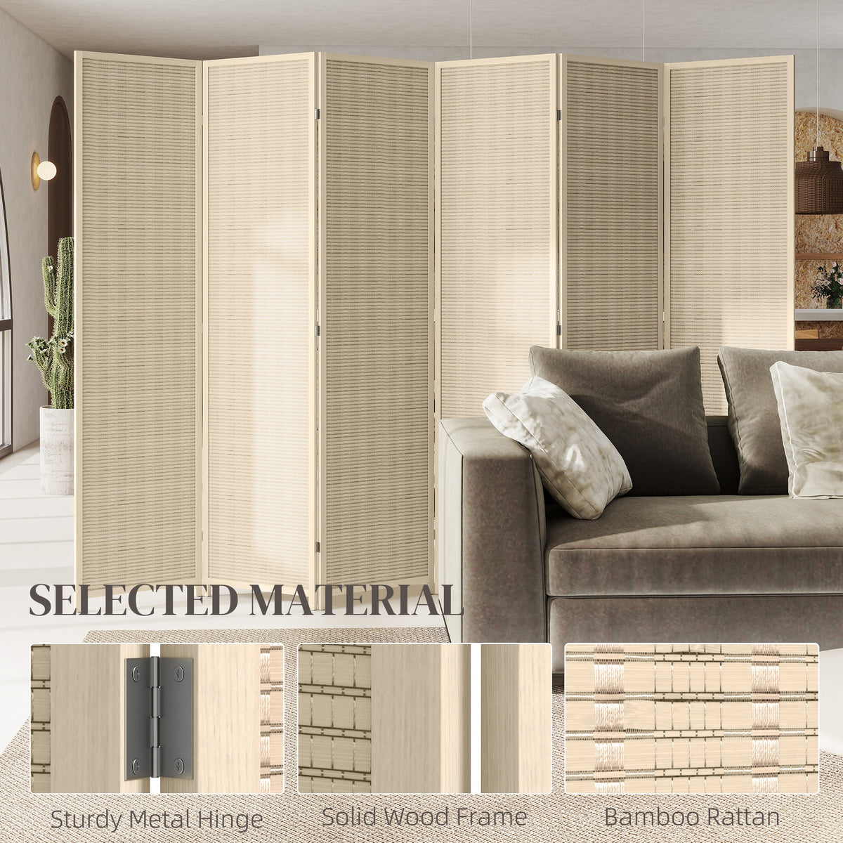 6-Panel Woven Bamboo Room Divider - Natural Wood 71" H-Home Furnishings > Living Room Furniture > Room Dividers-DECOROLALA