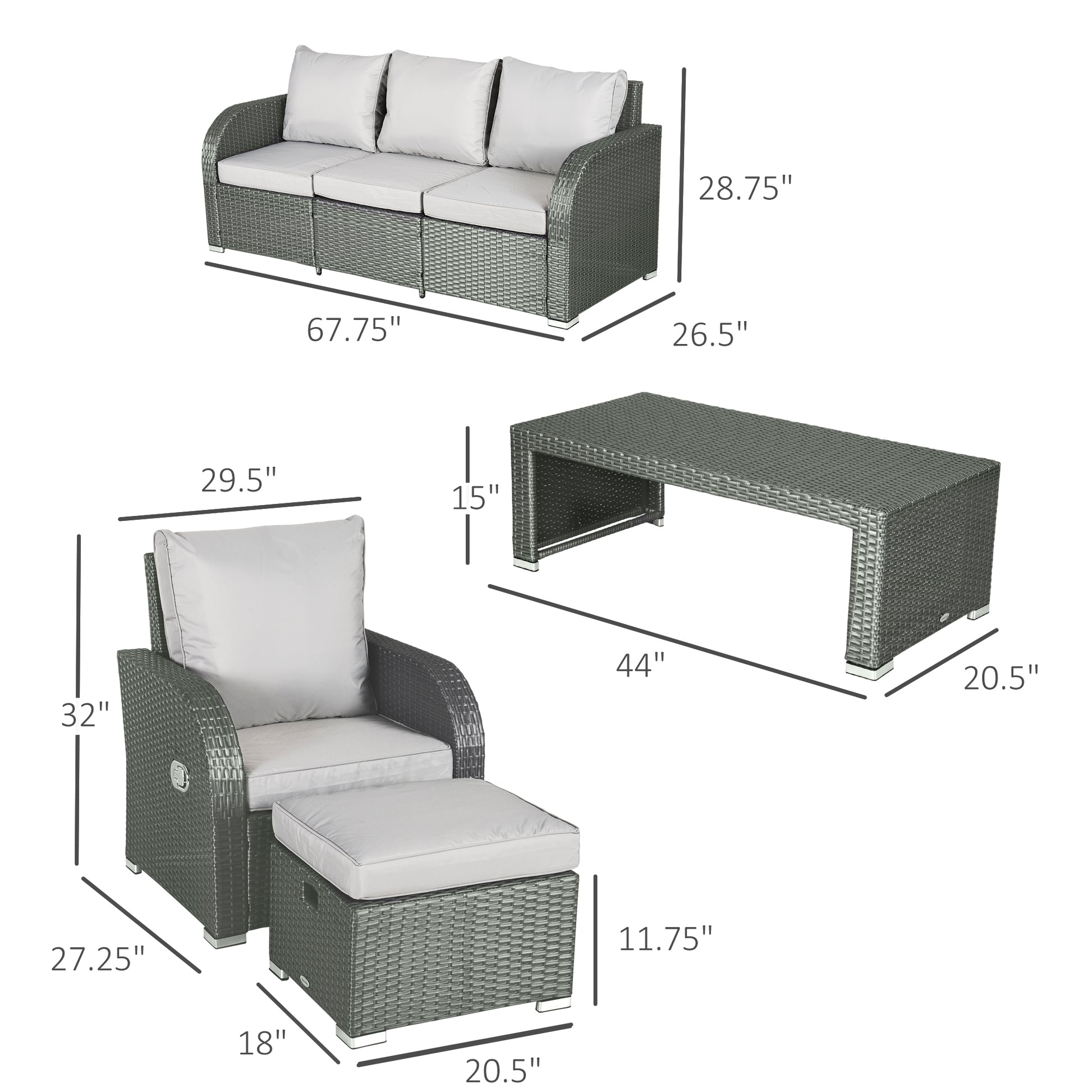 6 Pcs Patio Furniture Set with Wicker Recliner Chairs, PE Wicker Sectional Sofa Set with a 3-Seat Sofa, 2 Footstools, Table, 2 Recliner Chairs, Grey-DECOROLALA