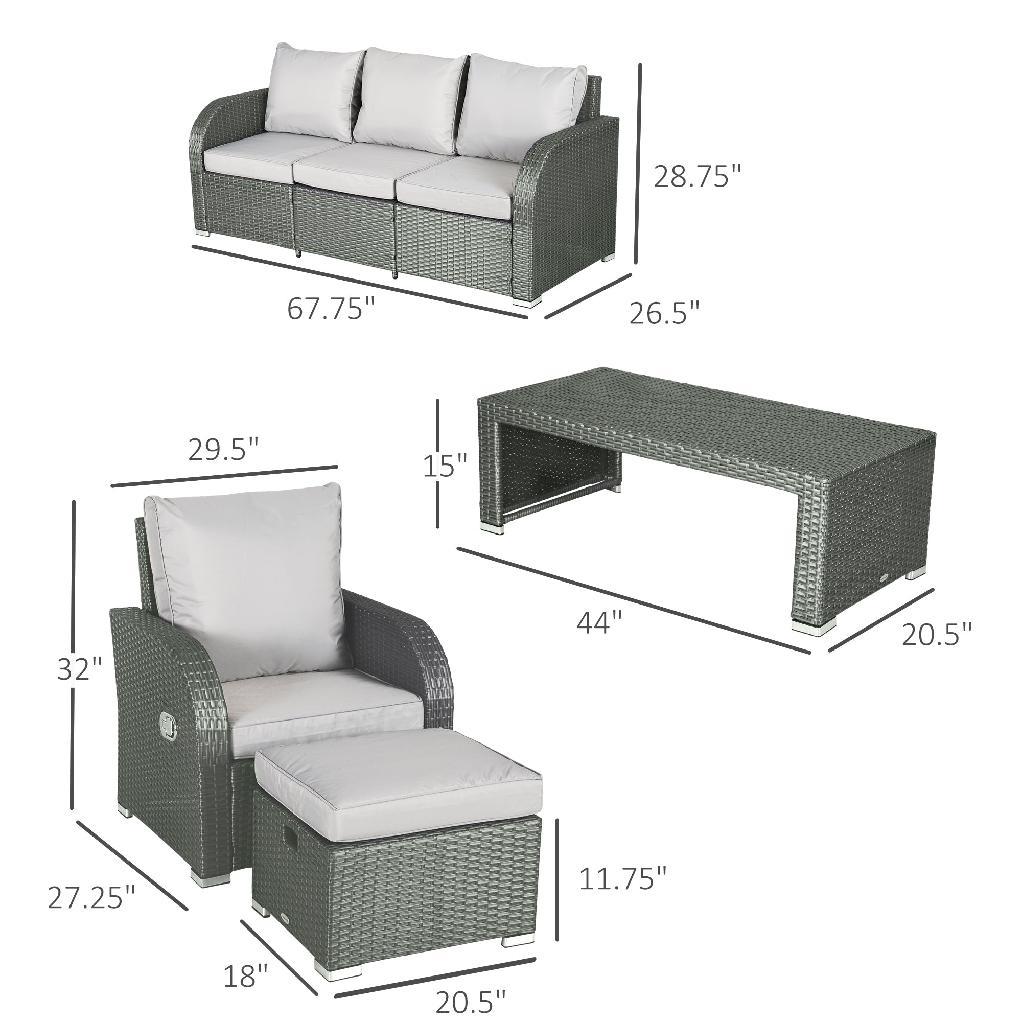 6 Pcs Patio Furniture Set with Wicker Recliner Chairs, PE Wicker Sectional Sofa Set with a 3-Seat Sofa, 2 Footstools, Table, 2 Recliner Chairs, Grey-DECOROLALA