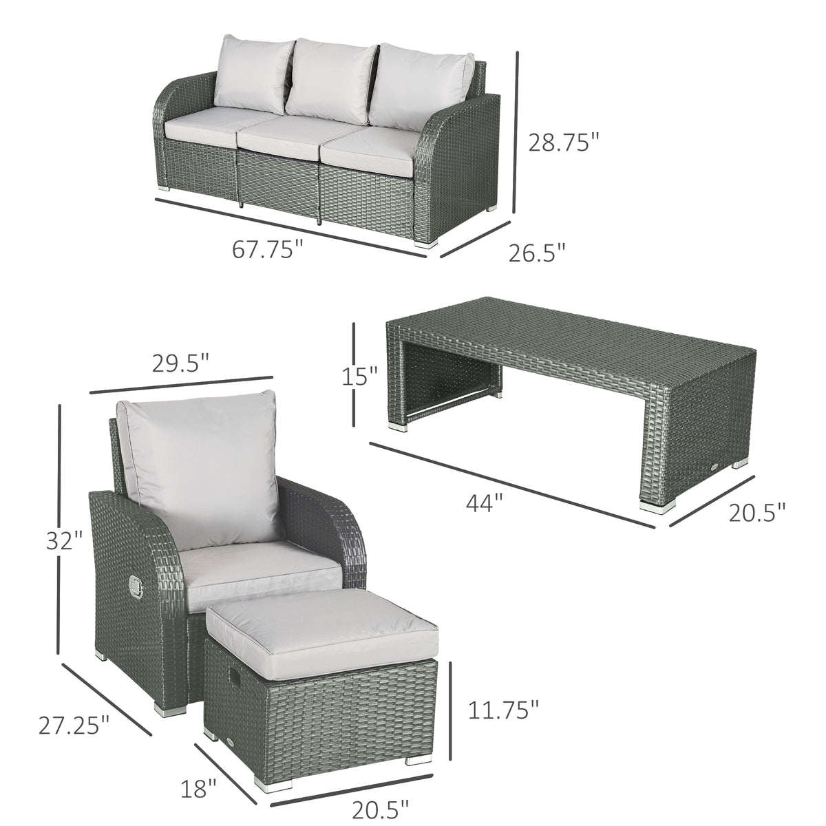 6 Pcs Patio Furniture Set with Wicker Recliner Chairs, PE Wicker Sectional Sofa Set with a 3-Seat Sofa, 2 Footstools, Table, 2 Recliner Chairs, Grey-Patio Furniture Sets-DECOROLALA