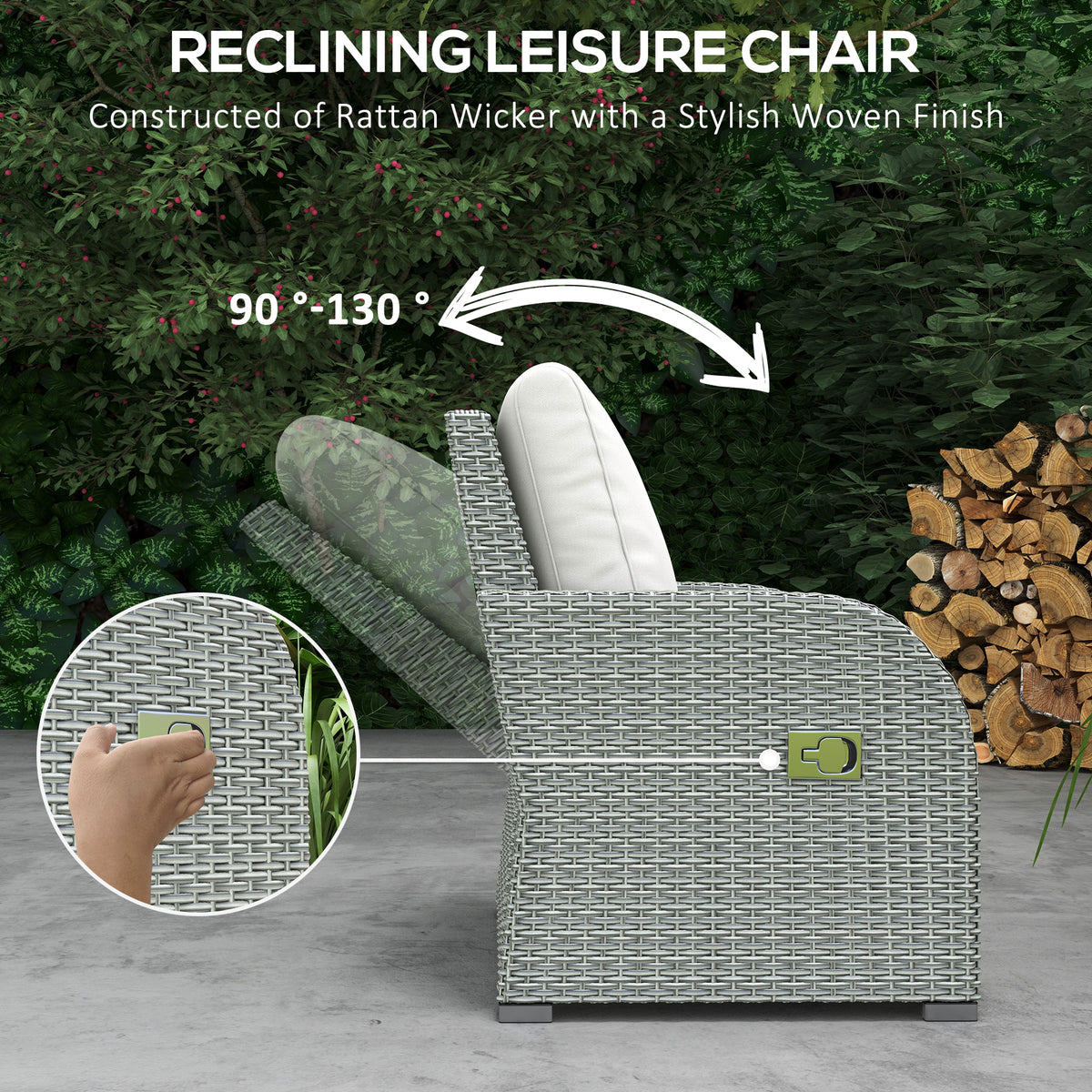 6 Pcs Patio Furniture Set with Wicker Recliner Chairs, PE Wicker Sectional Sofa Set with a 3-Seat Sofa, 2 Footstools, Table, 2 Recliner Chairs, Grey-Patio Furniture Sets-DECOROLALA