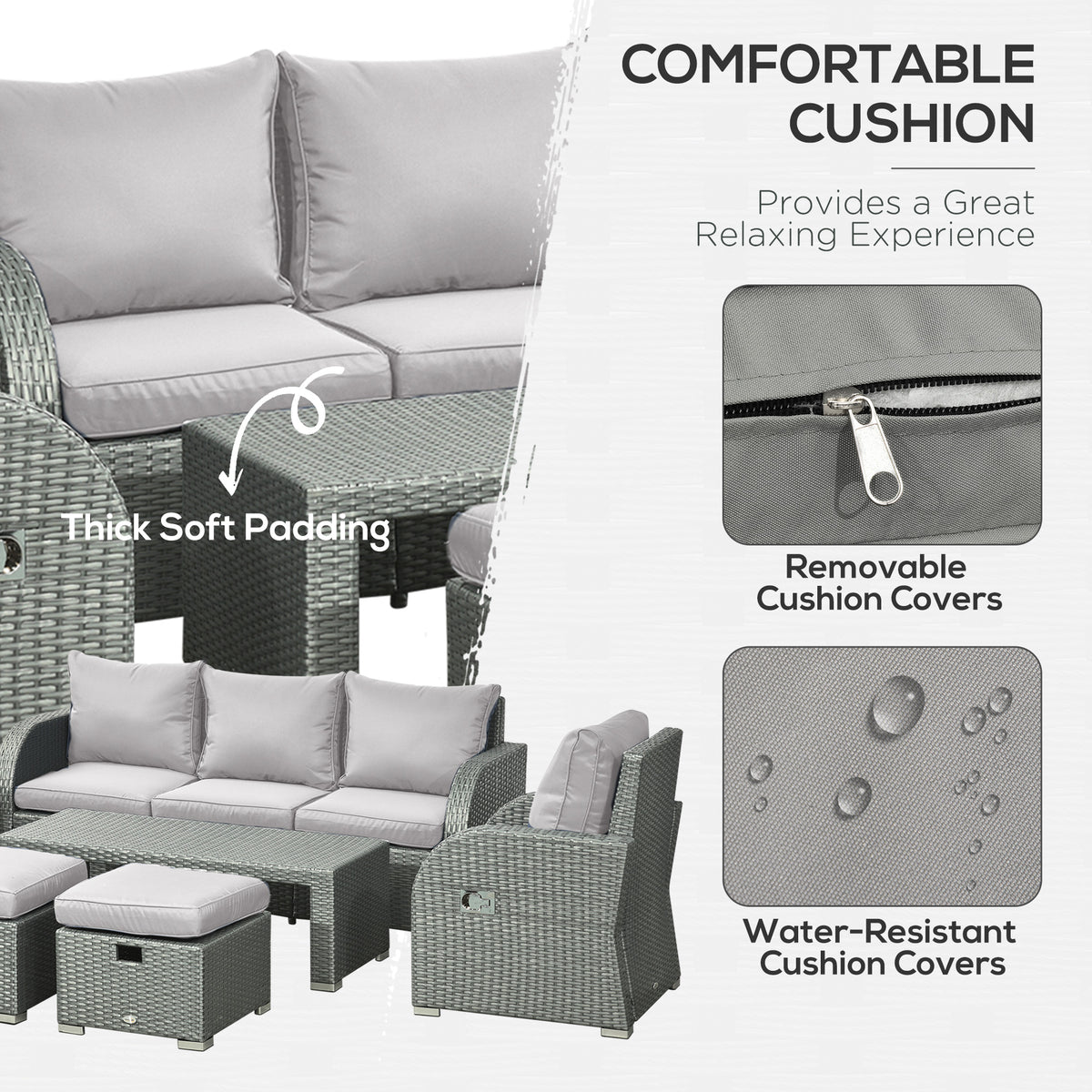 6 Pcs Patio Furniture Set with Wicker Recliner Chairs, PE Wicker Sectional Sofa Set with a 3-Seat Sofa, 2 Footstools, Table, 2 Recliner Chairs, Grey-Patio Furniture Sets-DECOROLALA