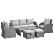 6 Pcs Patio Furniture Set with Wicker Recliner Chairs, PE Wicker Sectional Sofa Set with a 3-Seat Sofa, 2 Footstools, Table, 2 Recliner Chairs, Grey-DECOROLALA