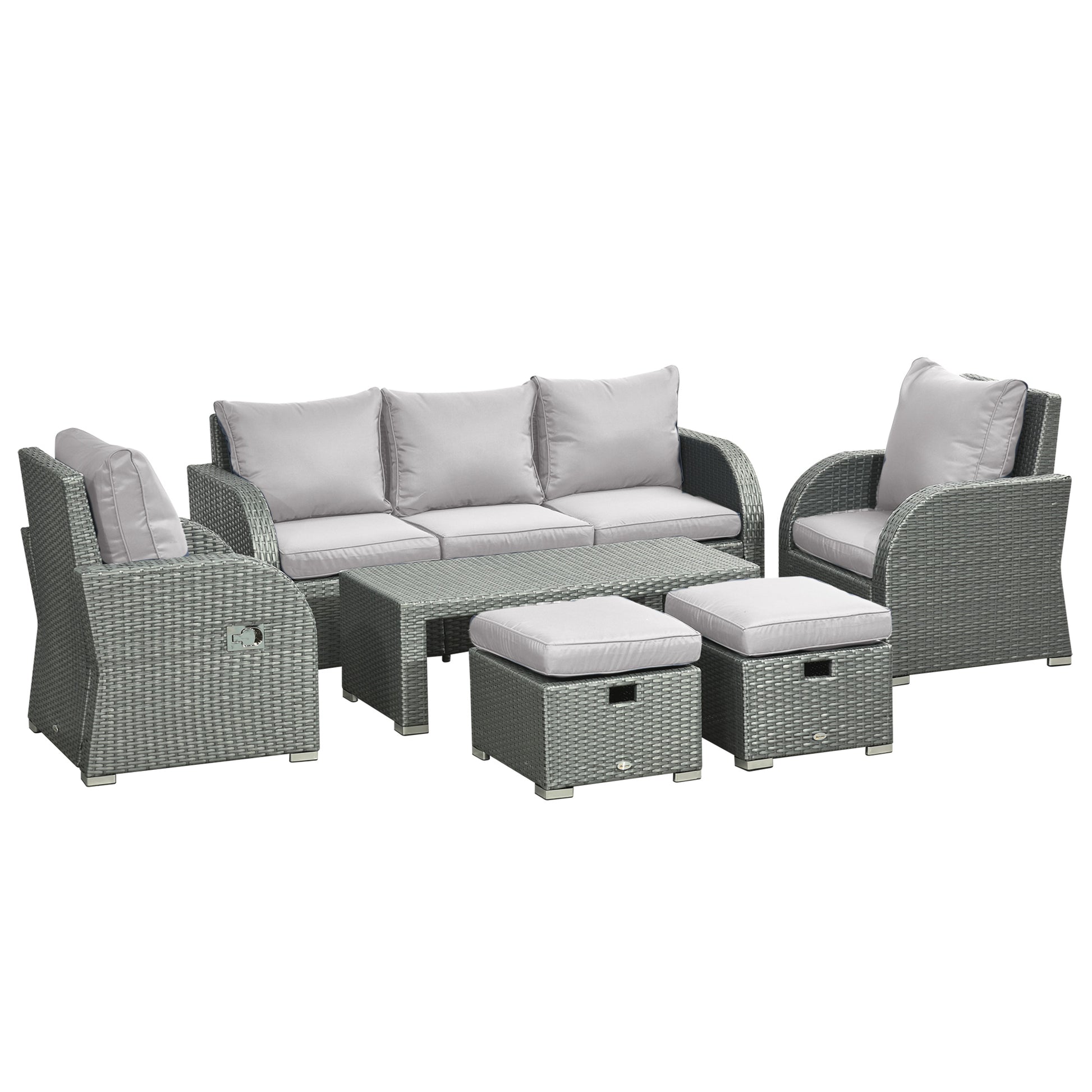 6 Pcs Patio Furniture Set with Wicker Recliner Chairs, PE Wicker Sectional Sofa Set with a 3-Seat Sofa, 2 Footstools, Table, 2 Recliner Chairs, Grey-DECOROLALA