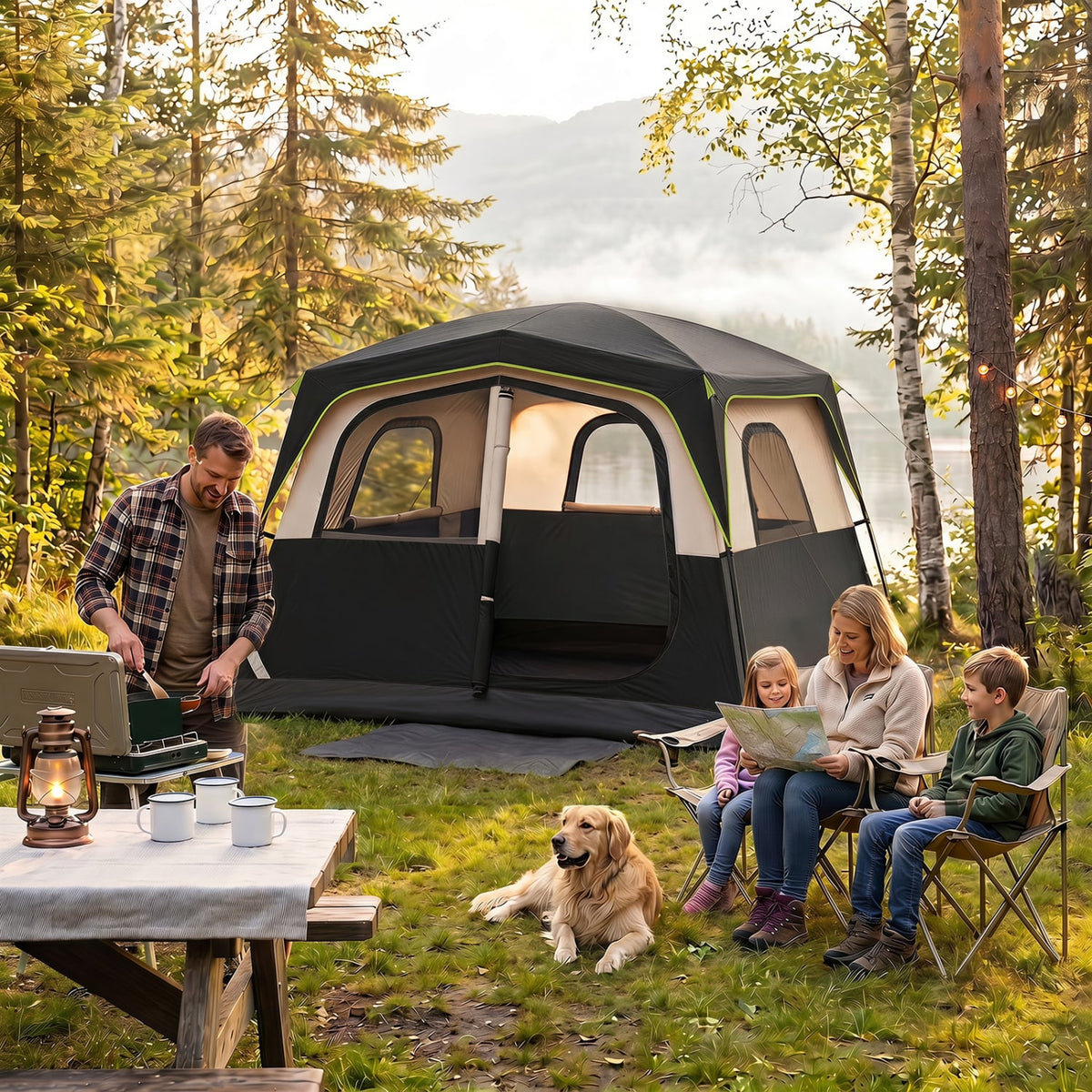 6-Person Camping Tent Easy Setup Family Cabin Tent with Top Rainfly Mesh Windows-Black-Tents-DECOROLALA
