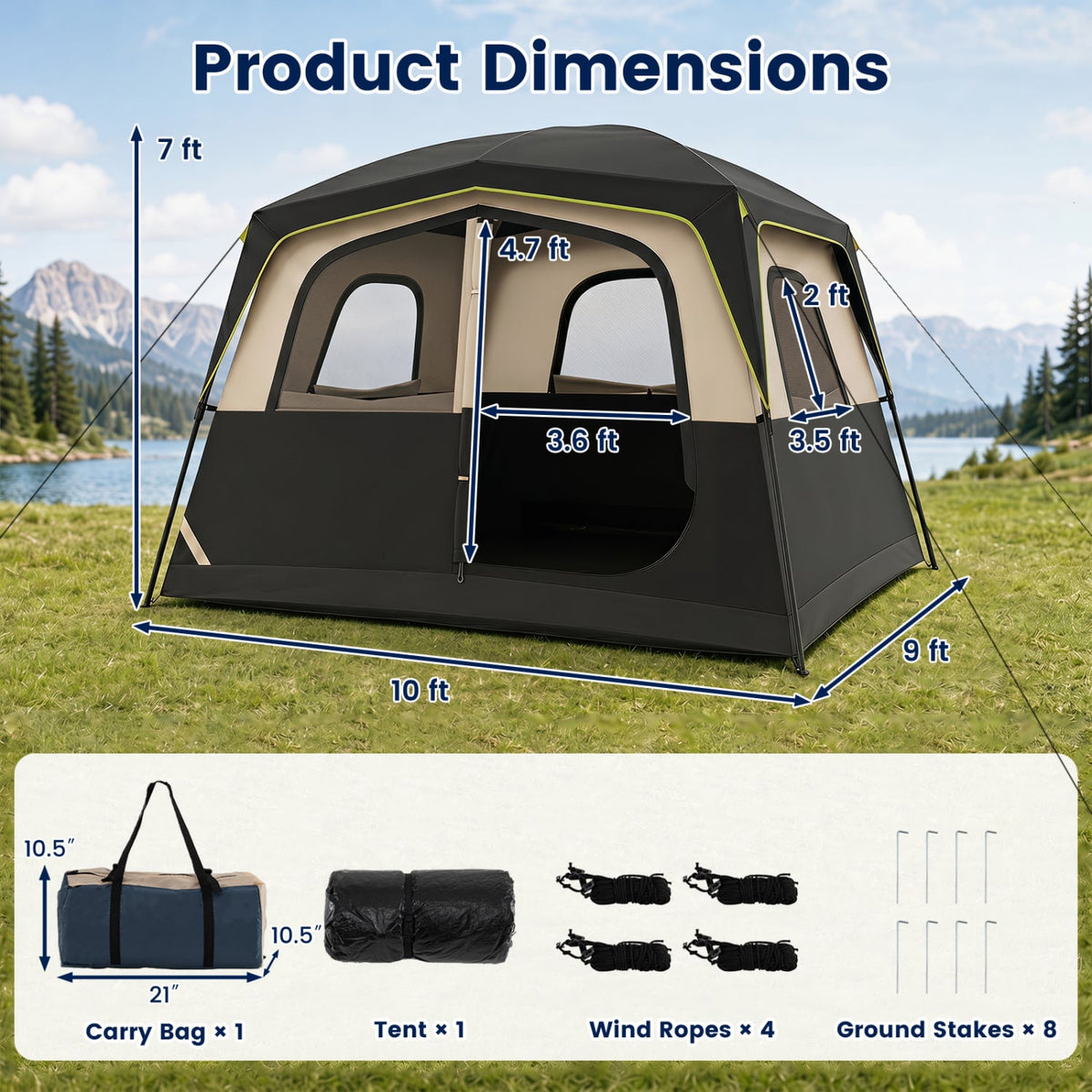 6-Person Camping Tent Easy Setup Family Cabin Tent with Top Rainfly Mesh Windows-Black-Tents-DECOROLALA