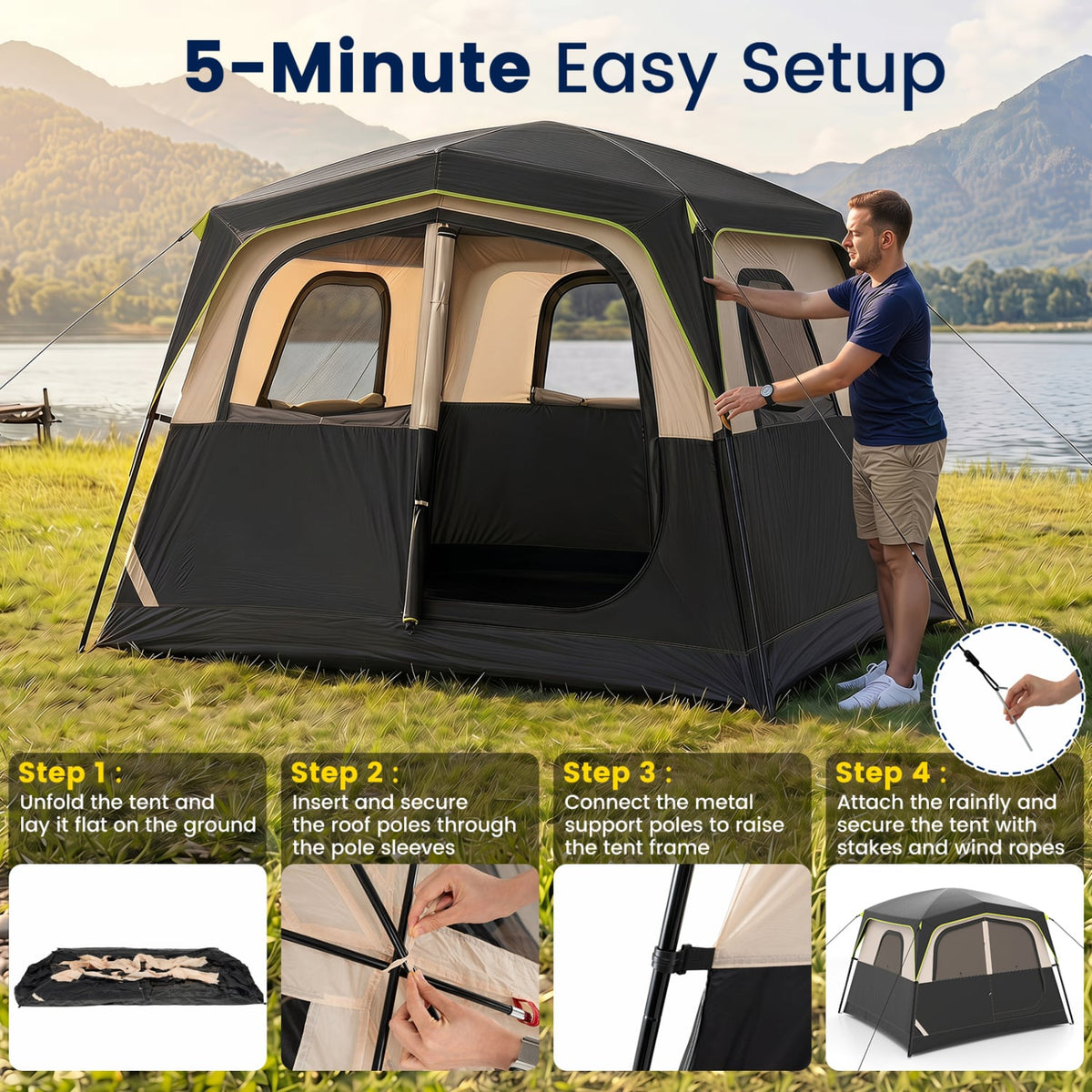 6-Person Camping Tent Easy Setup Family Cabin Tent with Top Rainfly Mesh Windows-Black-Tents-DECOROLALA