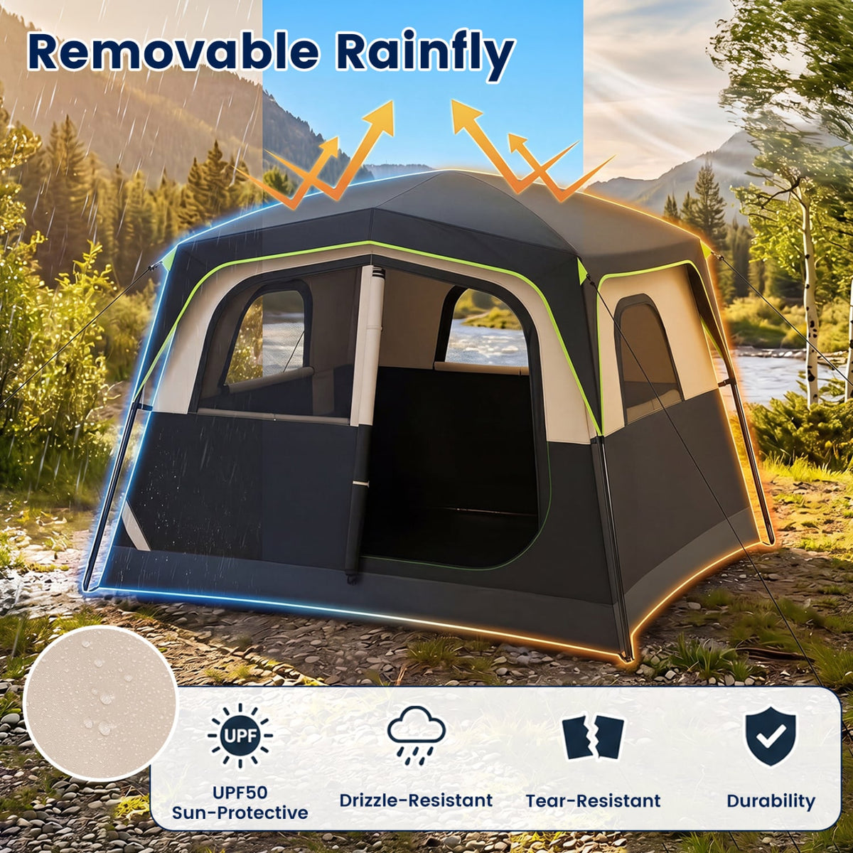 6-Person Camping Tent Easy Setup Family Cabin Tent with Top Rainfly Mesh Windows-Black-Tents-DECOROLALA