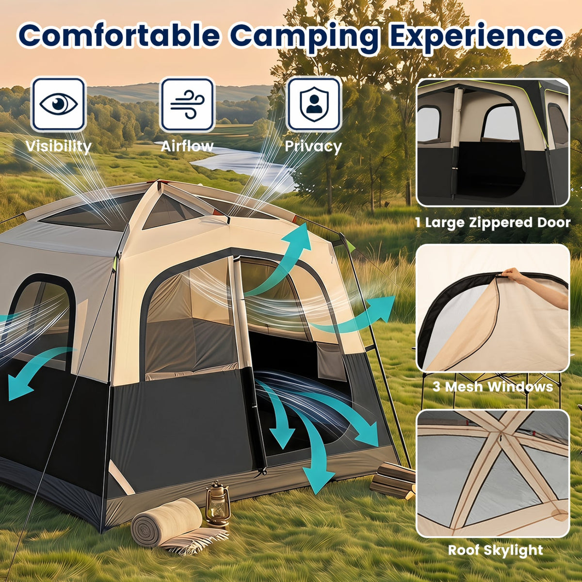 6-Person Camping Tent Easy Setup Family Cabin Tent with Top Rainfly Mesh Windows-Black-Tents-DECOROLALA