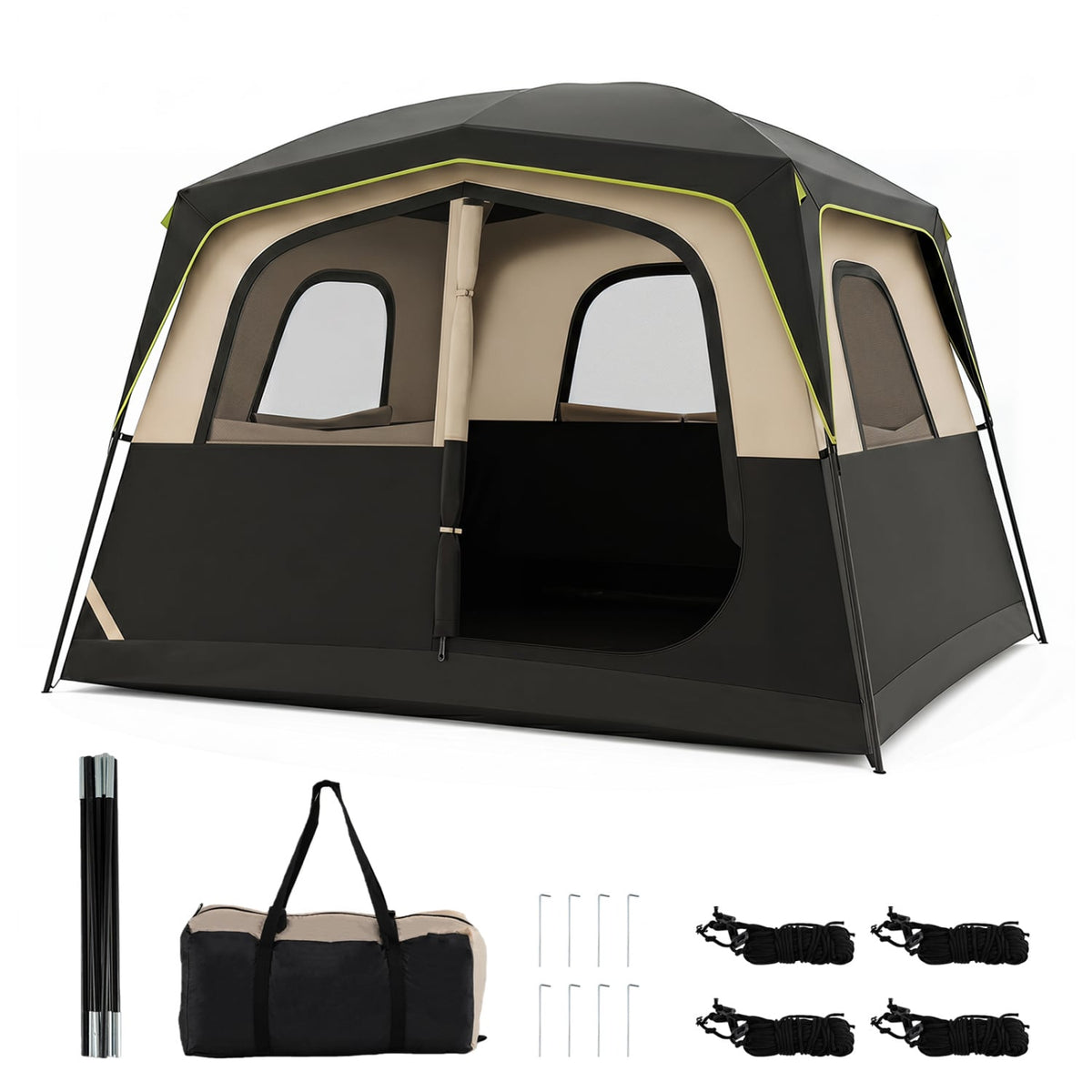 6-Person Camping Tent Easy Setup Family Cabin Tent with Top Rainfly Mesh Windows-Black-Tents-DECOROLALA
