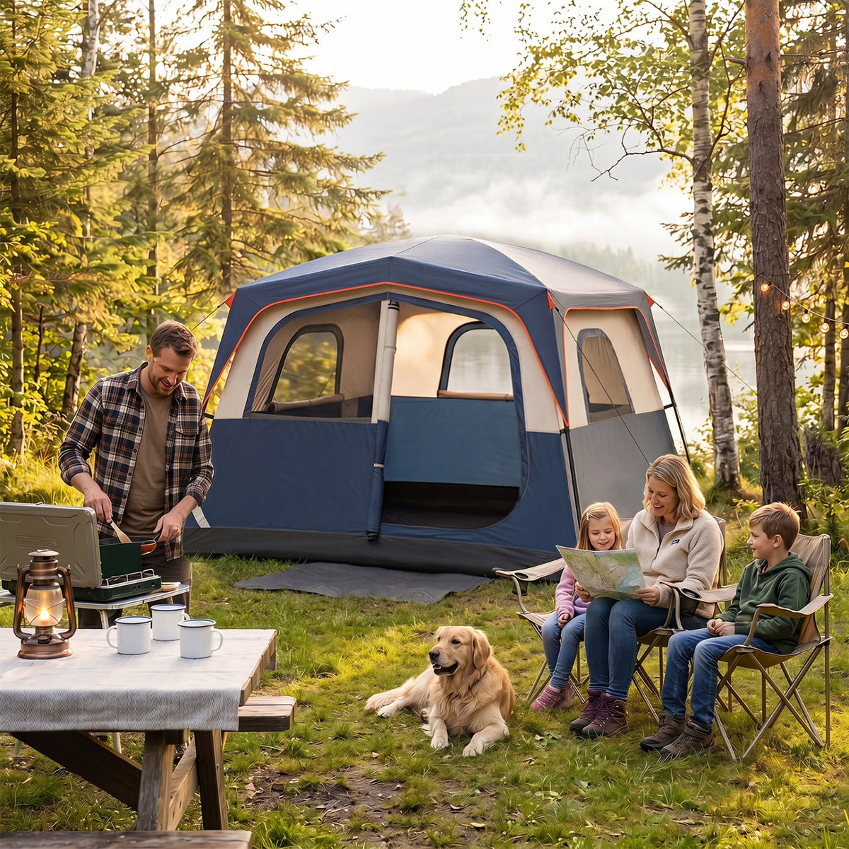 6-Person Camping Tent Easy Setup Family Cabin Tent with Top Rainfly Mesh Windows-Blue-Tents-DECOROLALA