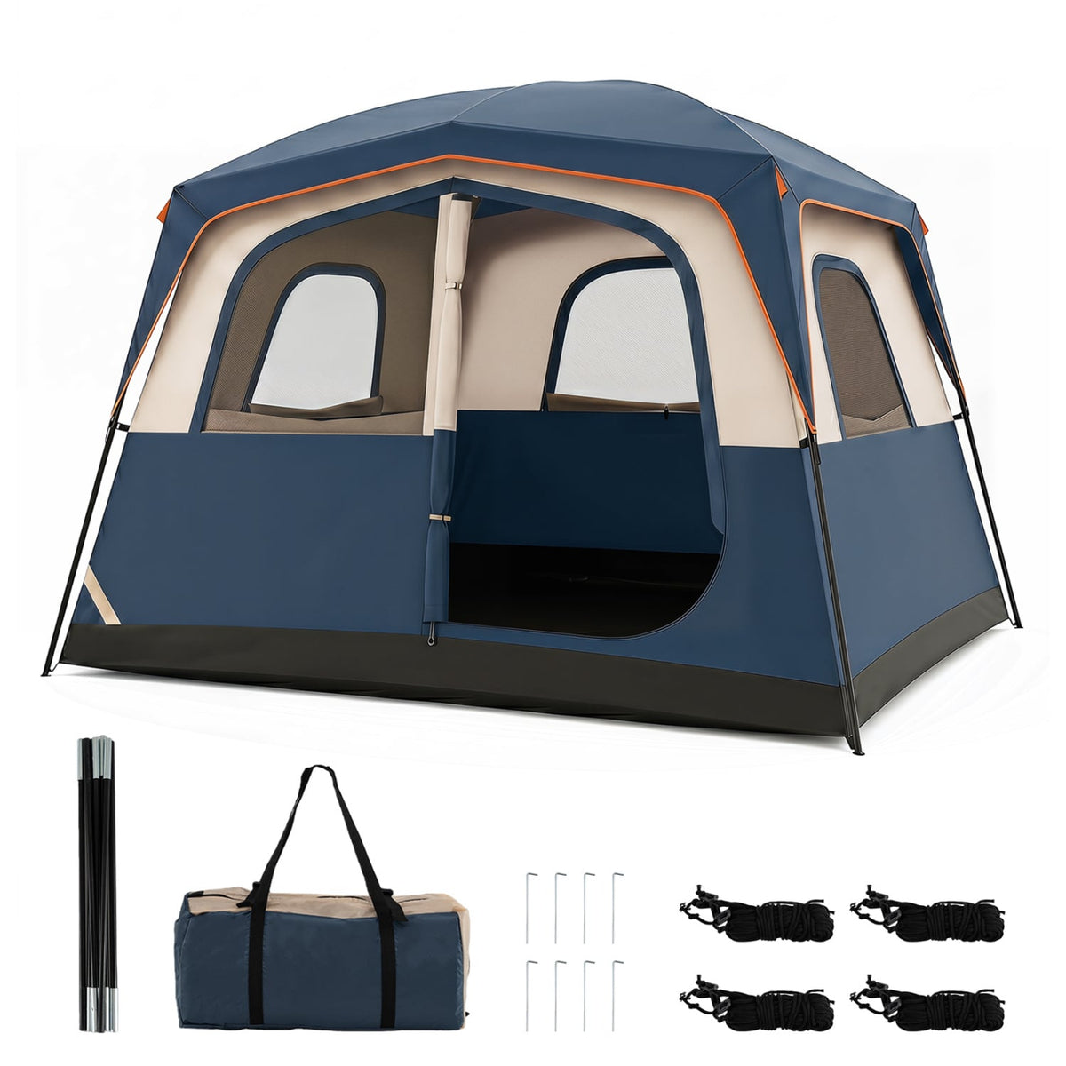 6-Person Camping Tent Easy Setup Family Cabin Tent with Top Rainfly Mesh Windows-Blue-Tents-DECOROLALA