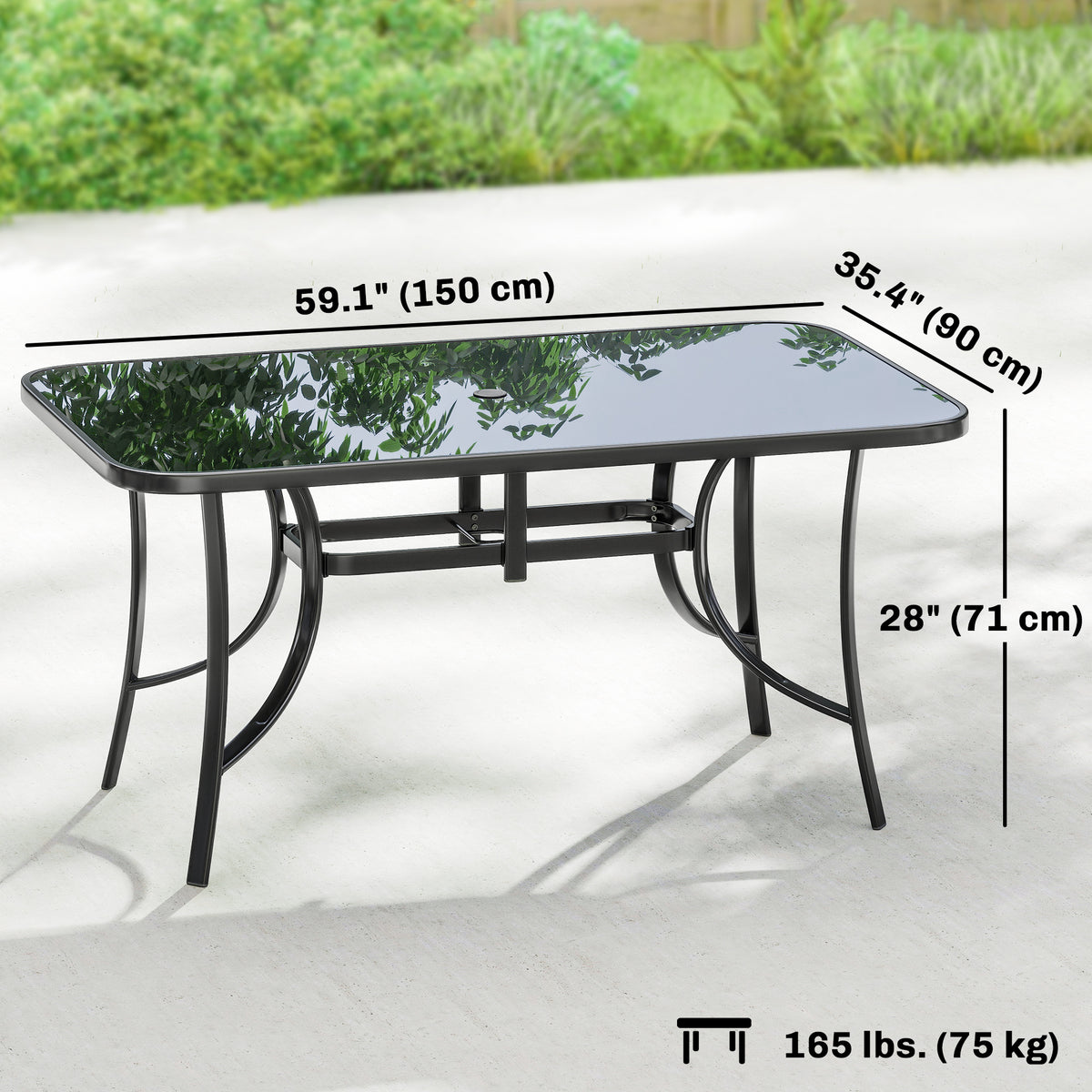 6-Person Metal Patio Dining Table with Glass Top - Black-Patio Dining Tables-DECOROLALA