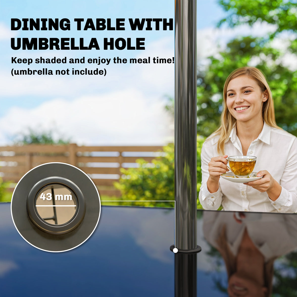 6-Person Metal Patio Dining Table with Glass Top - Black-Patio Dining Tables-DECOROLALA