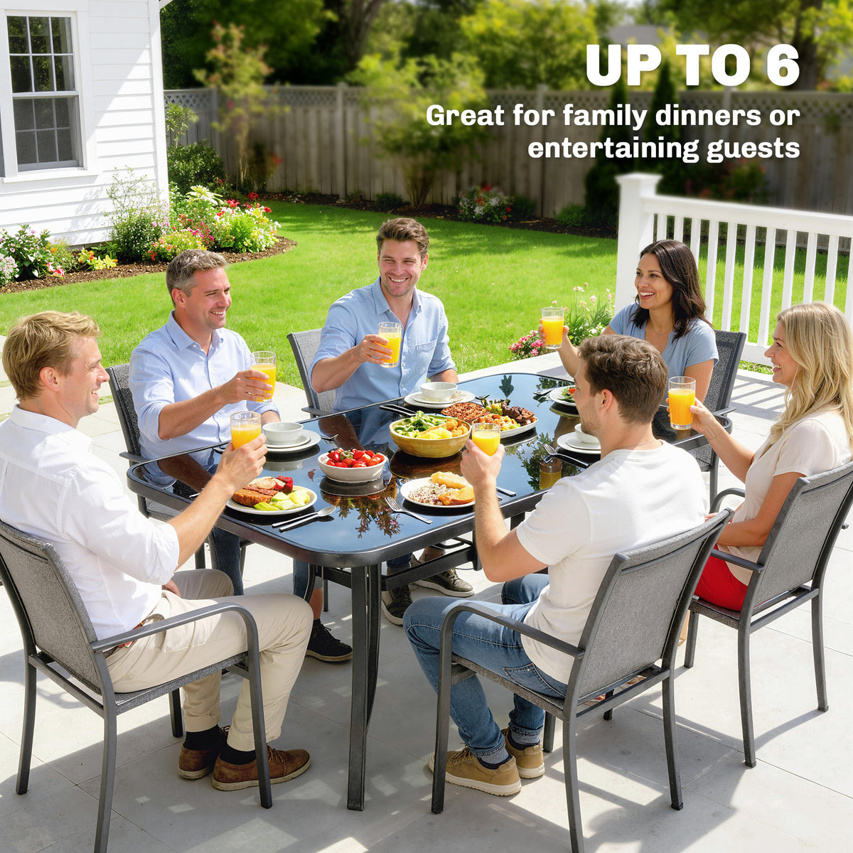 6-Person Metal Patio Dining Table with Glass Top - Black-Patio Dining Tables-DECOROLALA