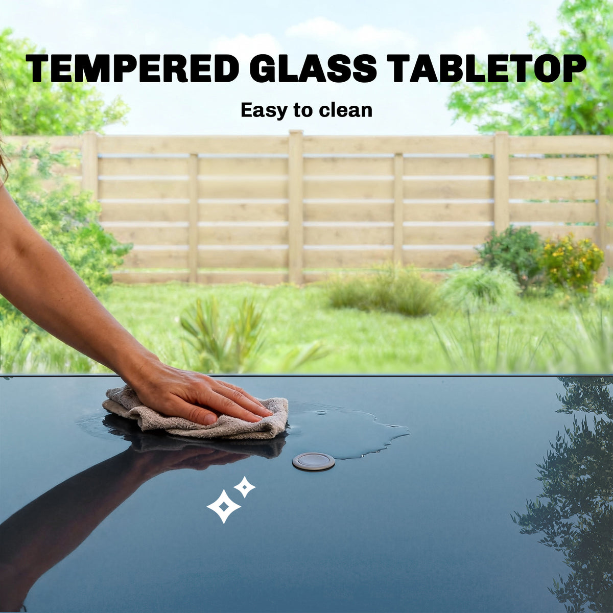 6-Person Metal Patio Dining Table with Glass Top - Black-Patio Dining Tables-DECOROLALA