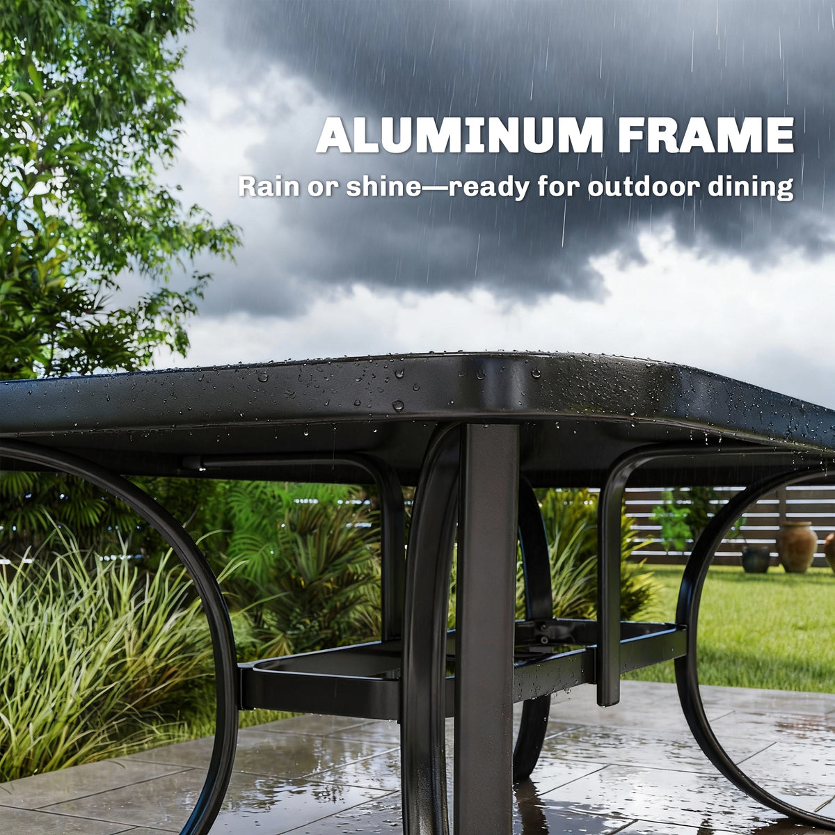6-Person Metal Patio Dining Table with Glass Top - Black-Patio Dining Tables-DECOROLALA