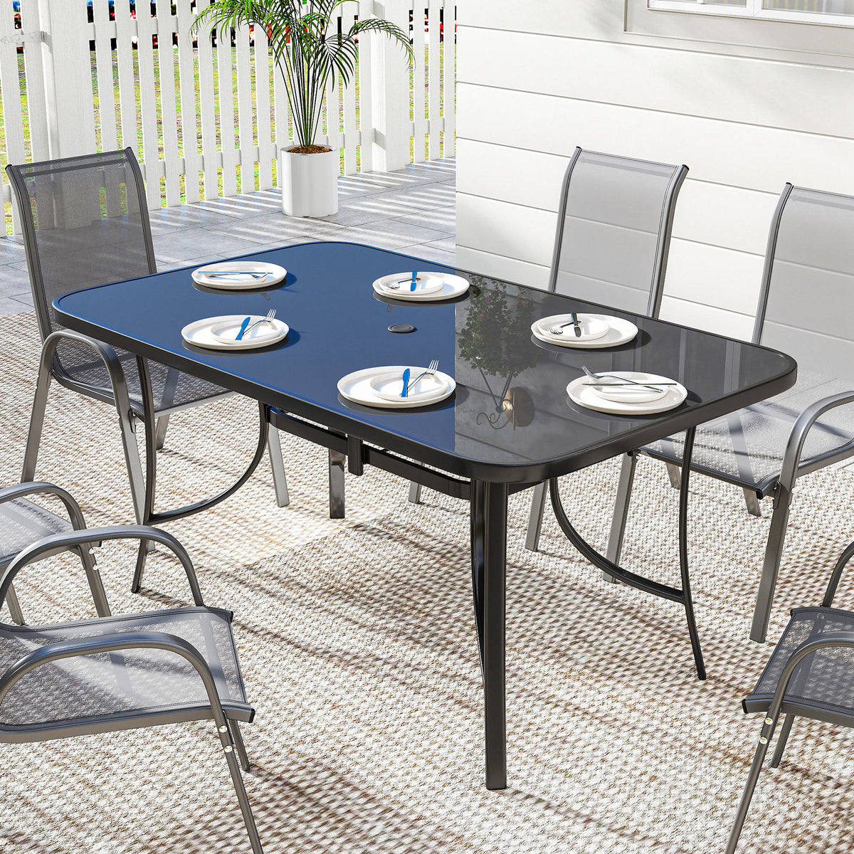 6-Person Metal Patio Dining Table with Glass Top - Black-Patio Dining Tables-DECOROLALA