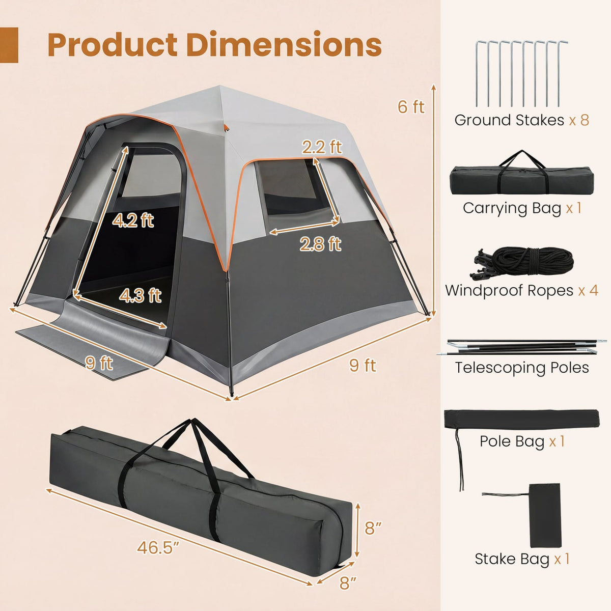 6-Person Outdoor Camping Tent Blackout Easy Setup Instant Cabin Tent with Rainfly and Carrying Bag-Grey-Tents-DECOROLALA