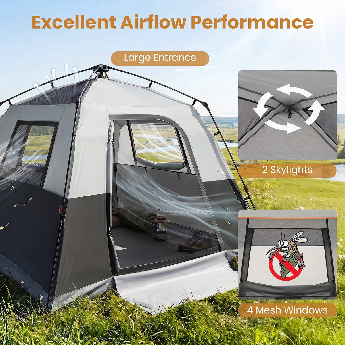 6-Person Outdoor Camping Tent Blackout Easy Setup Instant Cabin Tent with Rainfly and Carrying Bag-Grey-Tents-DECOROLALA