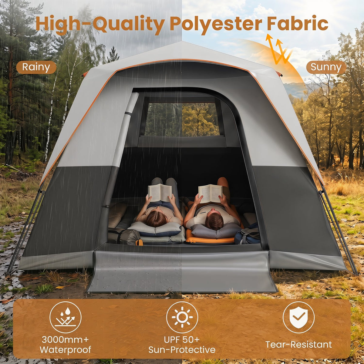 6-Person Outdoor Camping Tent Blackout Easy Setup Instant Cabin Tent with Rainfly and Carrying Bag-Grey-Tents-DECOROLALA