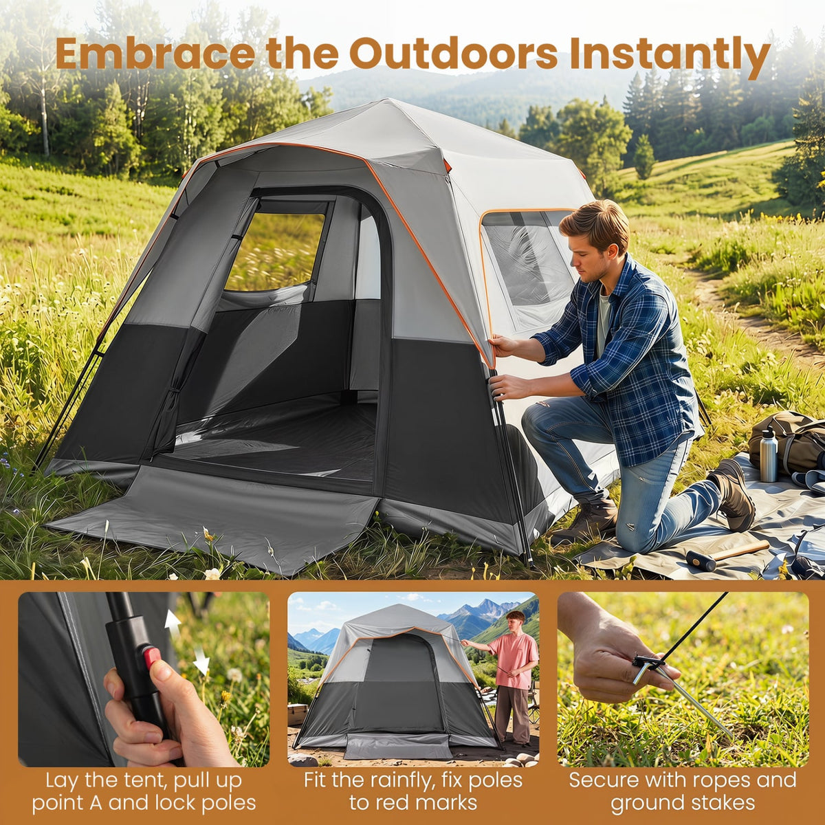 6-Person Outdoor Camping Tent Blackout Easy Setup Instant Cabin Tent with Rainfly and Carrying Bag-Grey-Tents-DECOROLALA