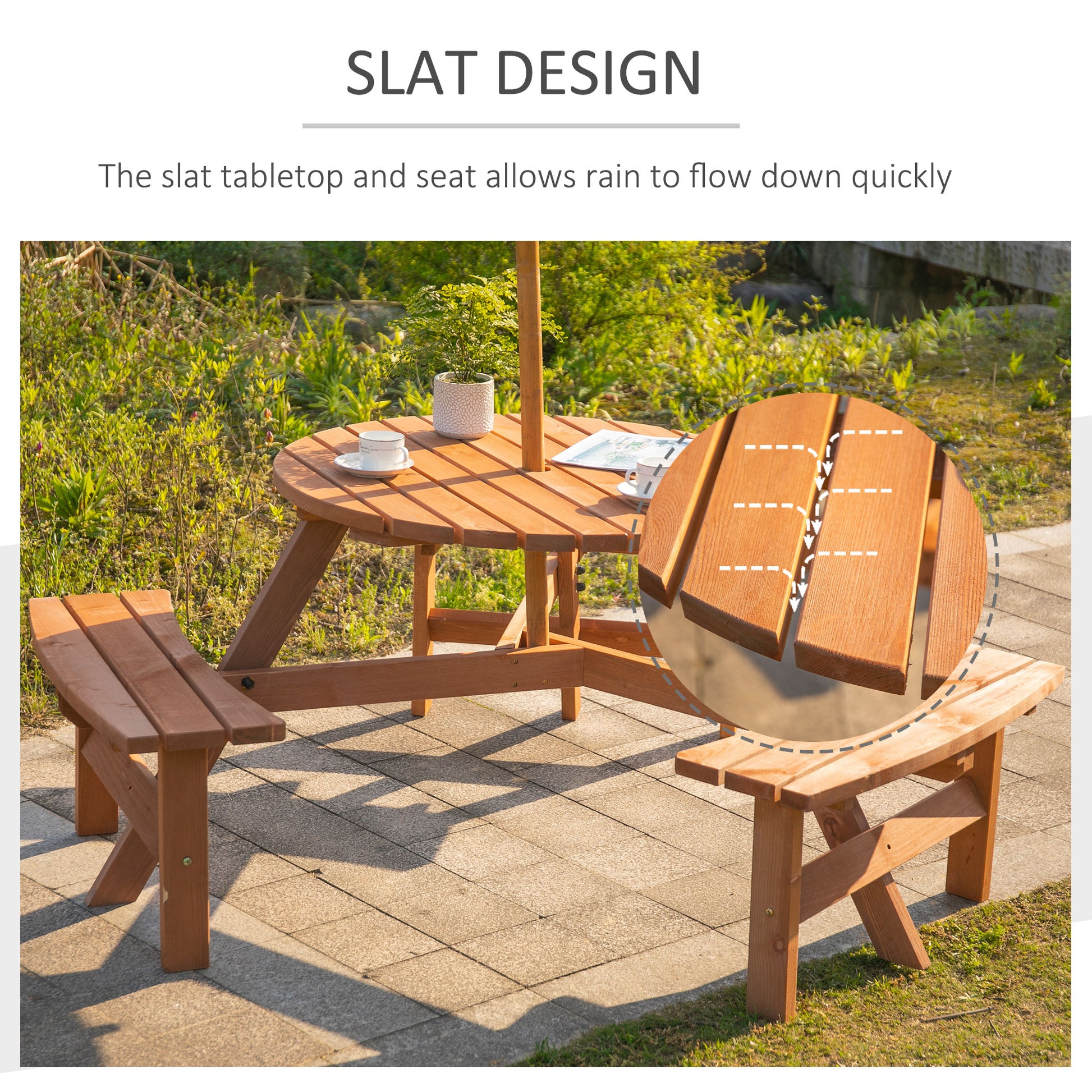 6-Person Round Picnic Table with Benches, Brown Wood Patio Set, Umbrella Hole-DECOROLALA