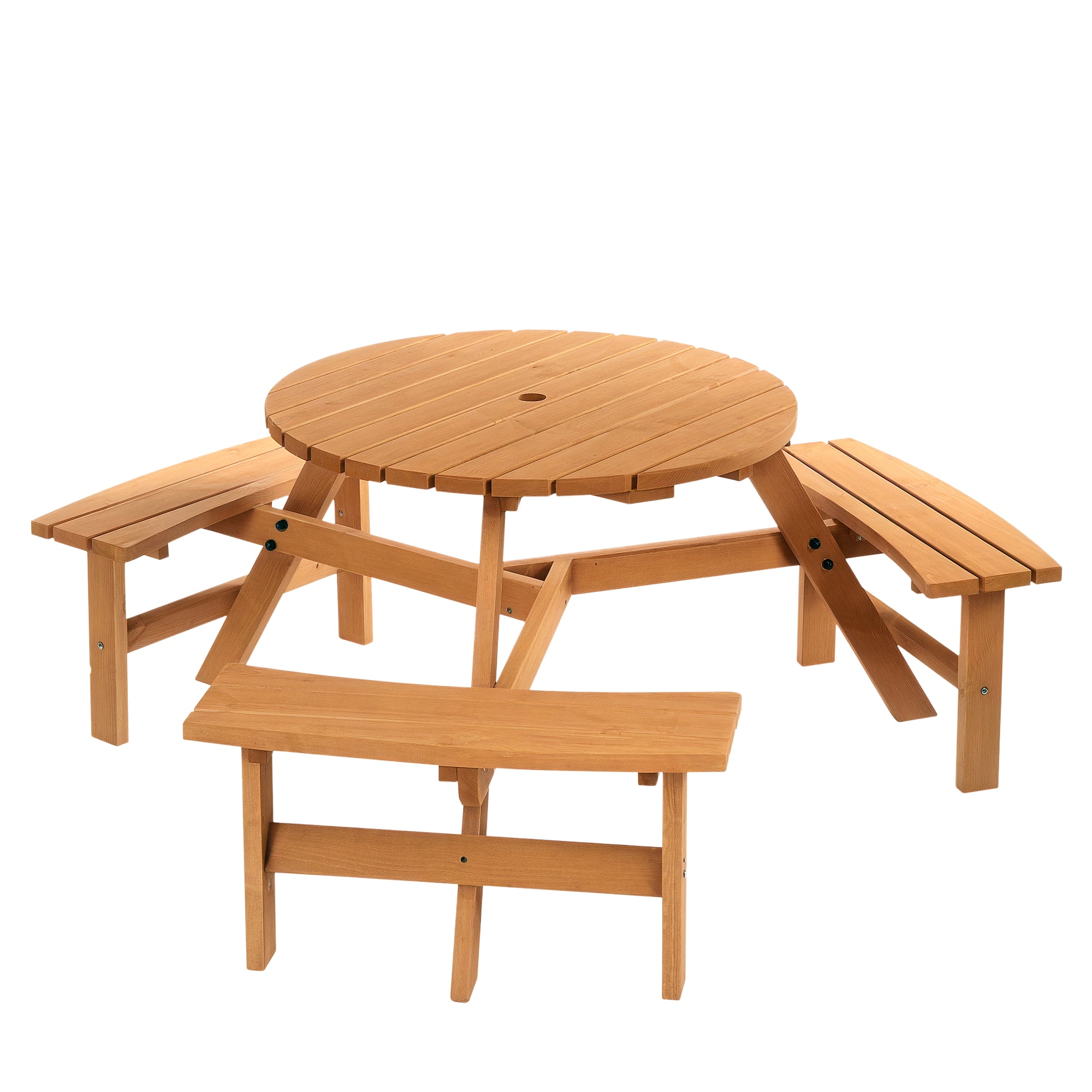 6-Person Round Picnic Table with Benches, Brown Wood Patio Set, Umbrella Hole-DECOROLALA