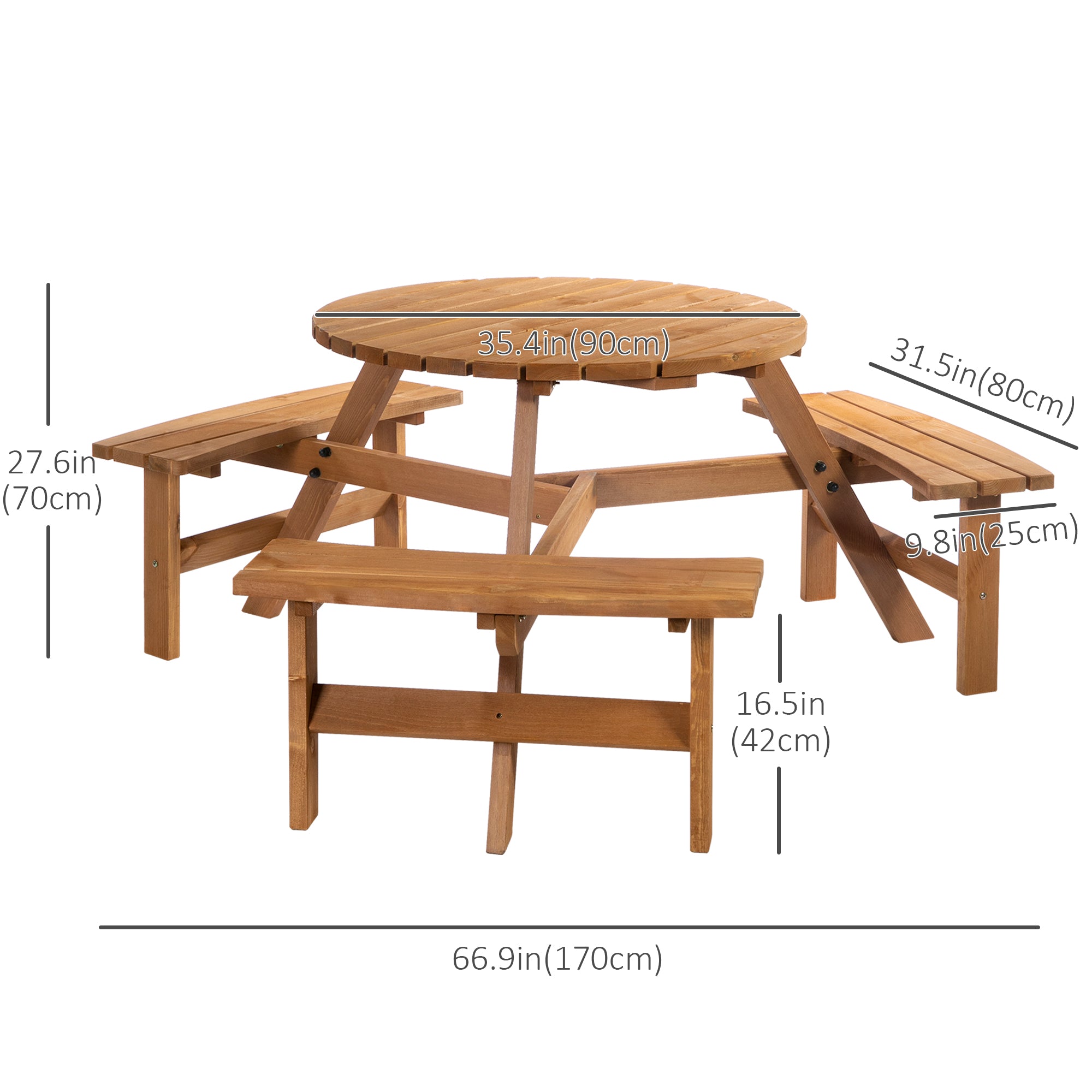 6-Person Round Picnic Table with Benches, Brown Wood Patio Set, Umbrella Hole-DECOROLALA