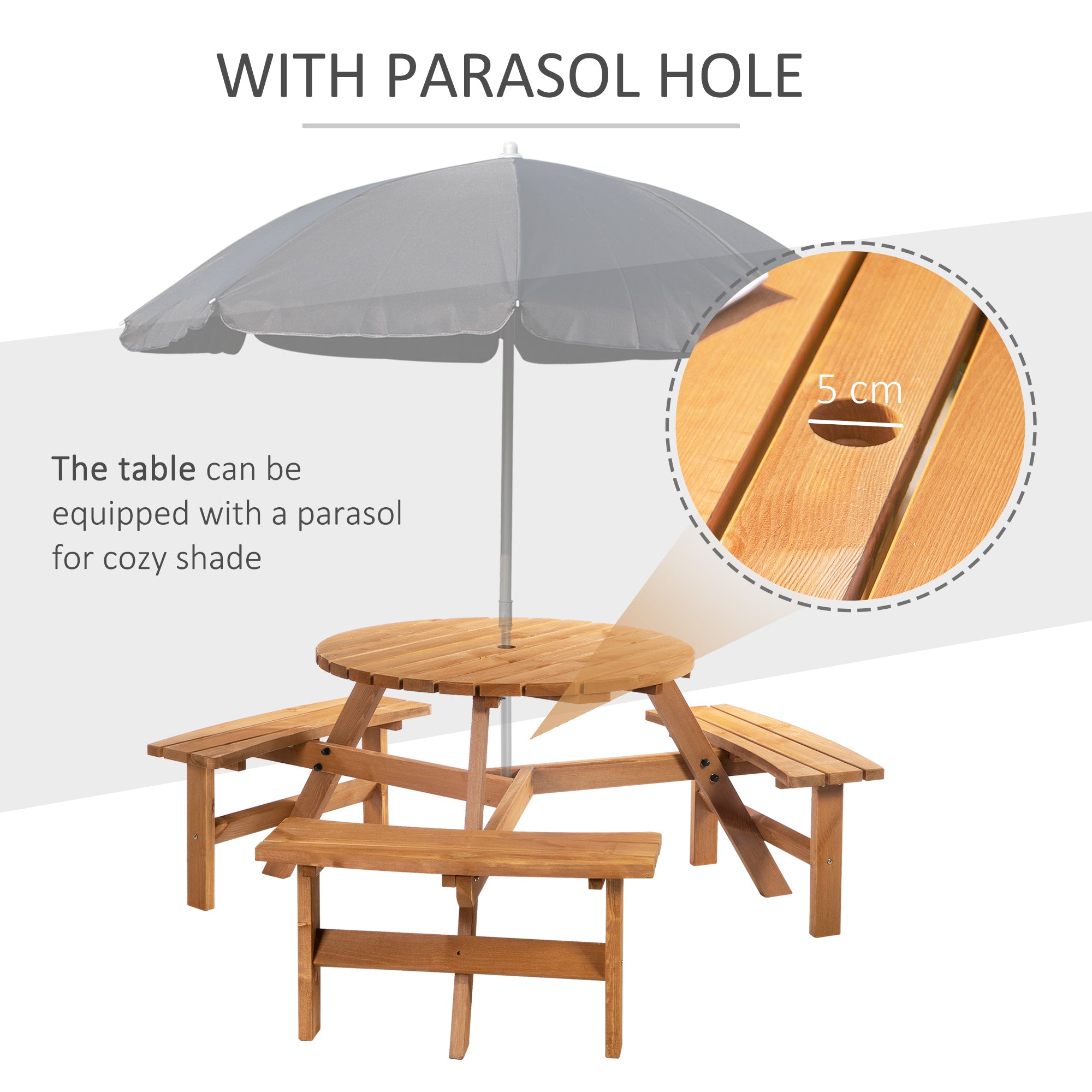6-Person Round Picnic Table with Benches, Brown Wood Patio Set, Umbrella Hole-DECOROLALA