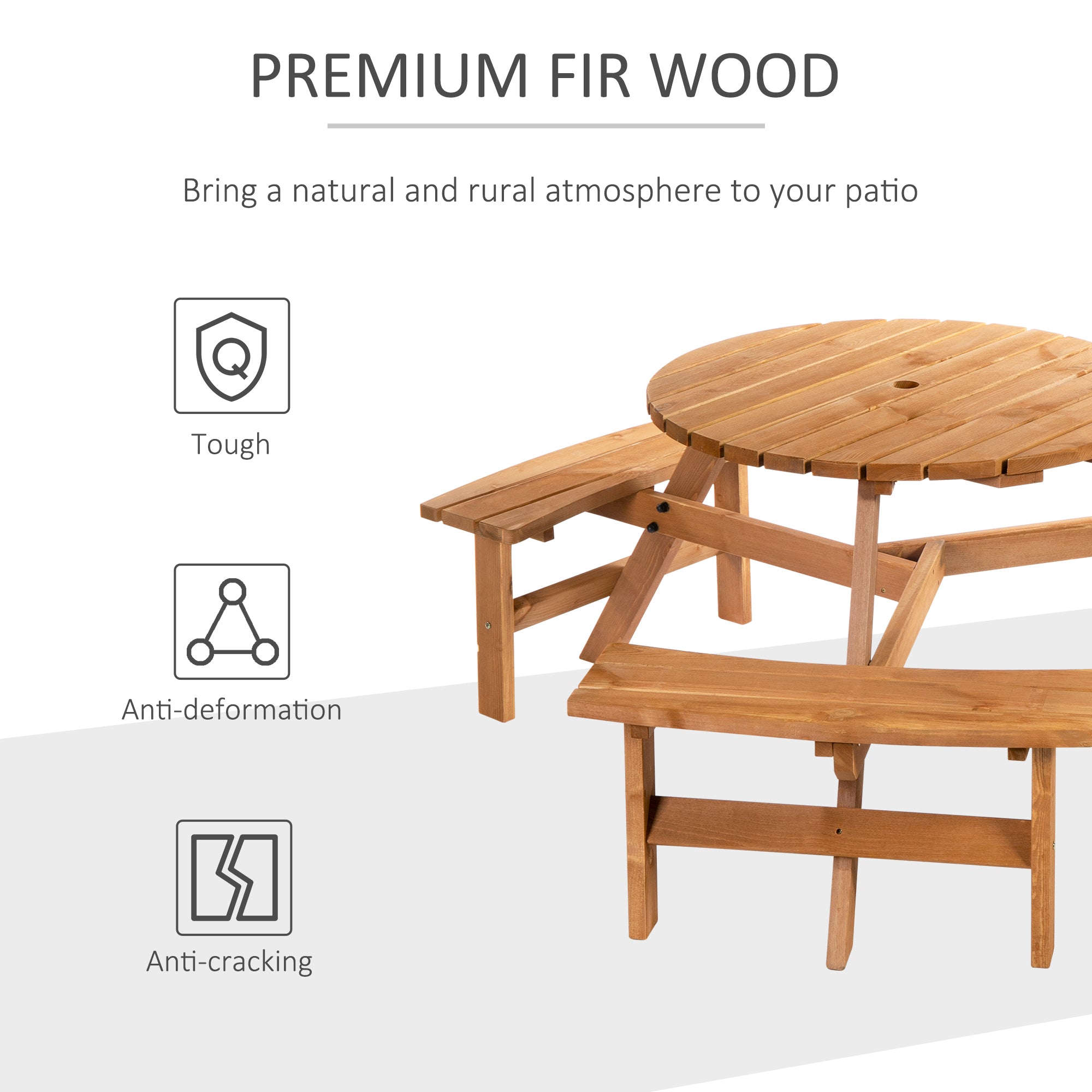 6-Person Round Picnic Table with Benches, Brown Wood Patio Set, Umbrella Hole-DECOROLALA