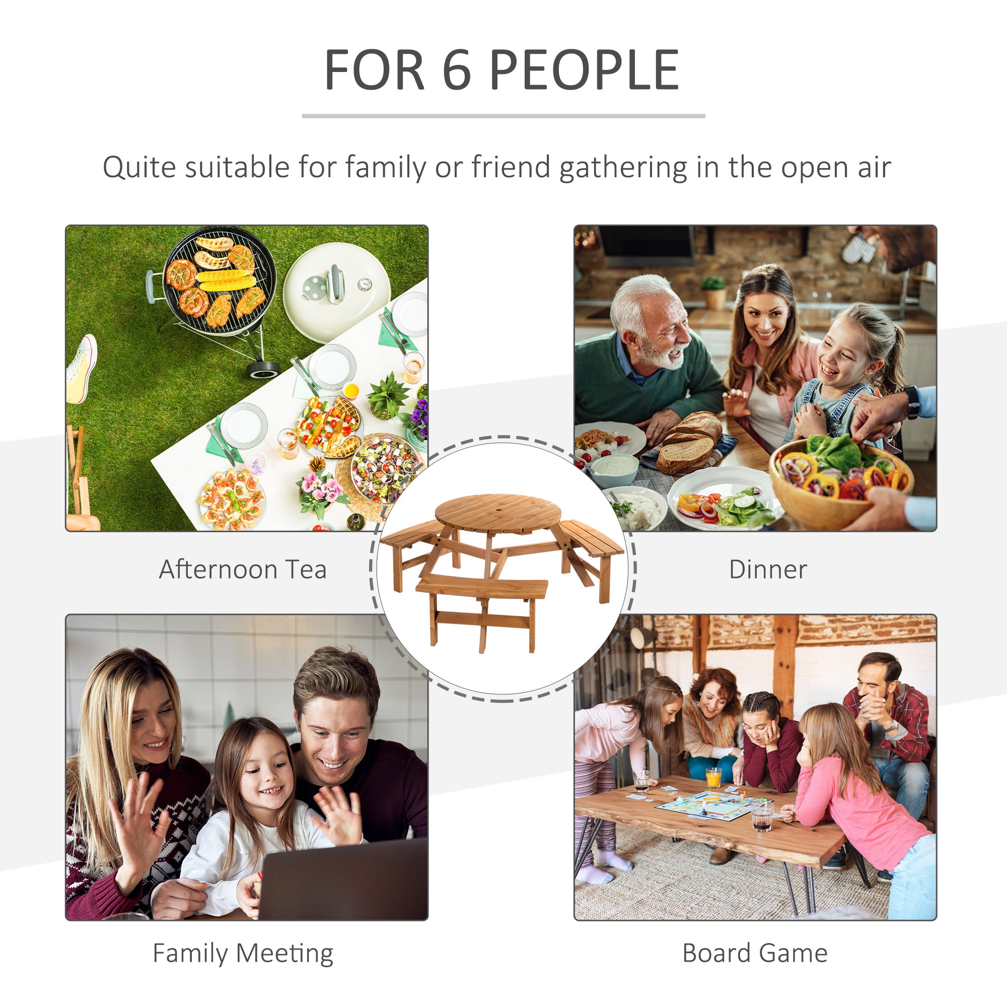 6-Person Round Picnic Table with Benches, Brown Wood Patio Set, Umbrella Hole-DECOROLALA