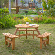 6-Person Round Picnic Table with Benches, Brown Wood Patio Set, Umbrella Hole-DECOROLALA