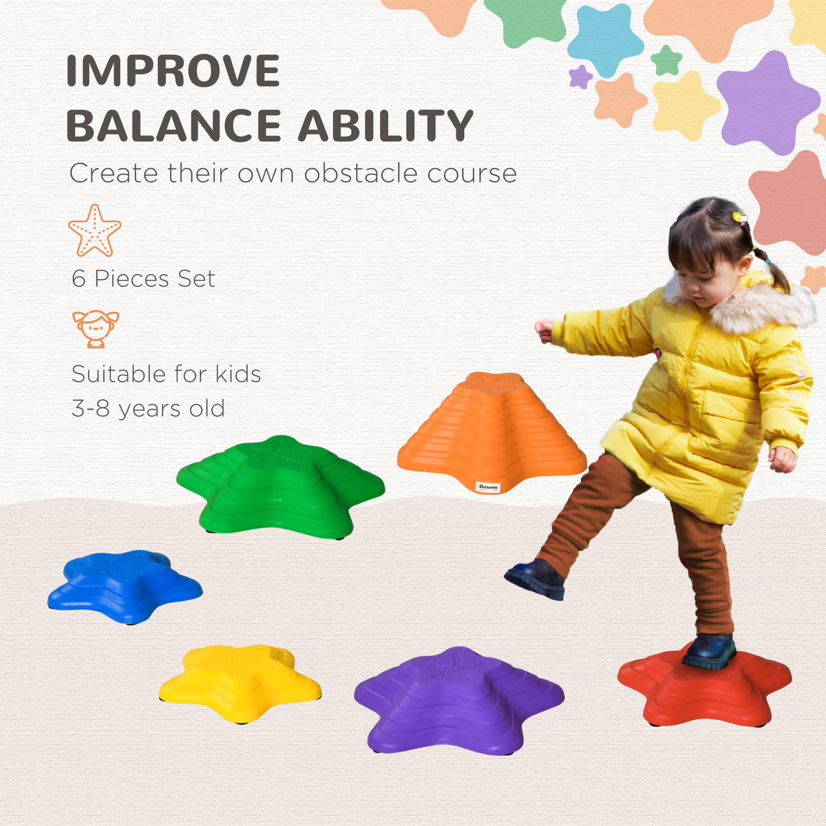 6PCs Larger Size Balance Stepping Stones for Kids with Non-slip Bottom, Stackable Obstacle Course Outdoor Indoor, Play River Rocks with Starfish Style-Toys & Games > Baby & Toddler Toys > Kids Gym & Playmats-DECOROLALA