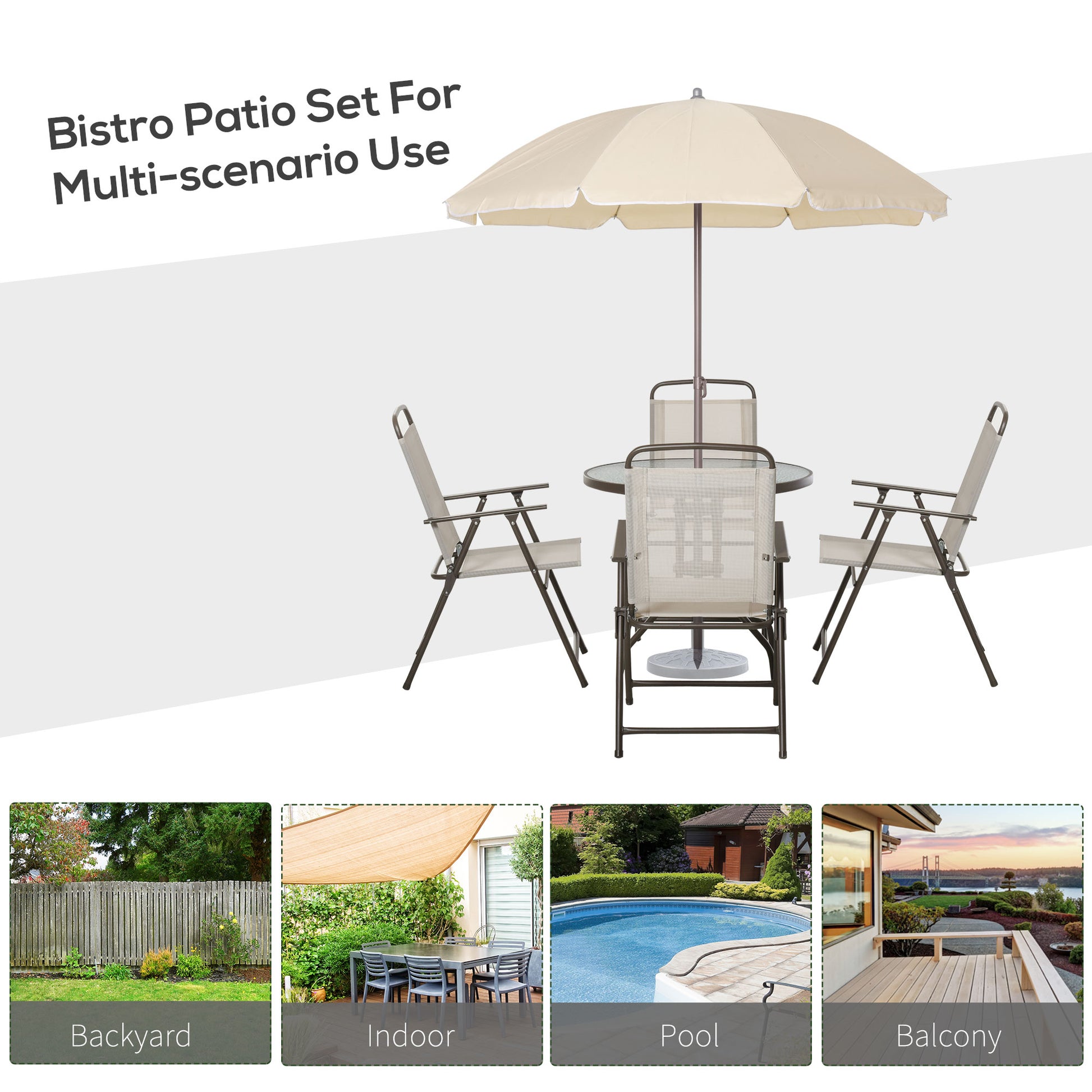 6-Piece Outdoor Dining Set - Round Glass Table, 4 Chairs & Umbrella-DECOROLALA