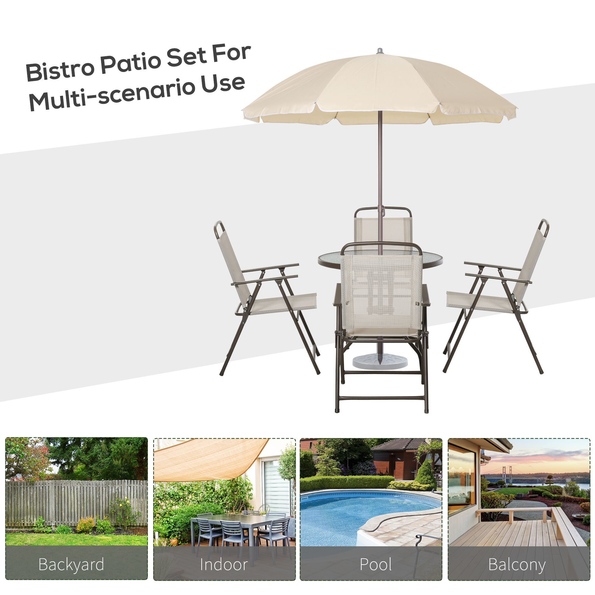 6-Piece Outdoor Dining Set - Round Glass Table, 4 Chairs & Umbrella-DECOROLALA