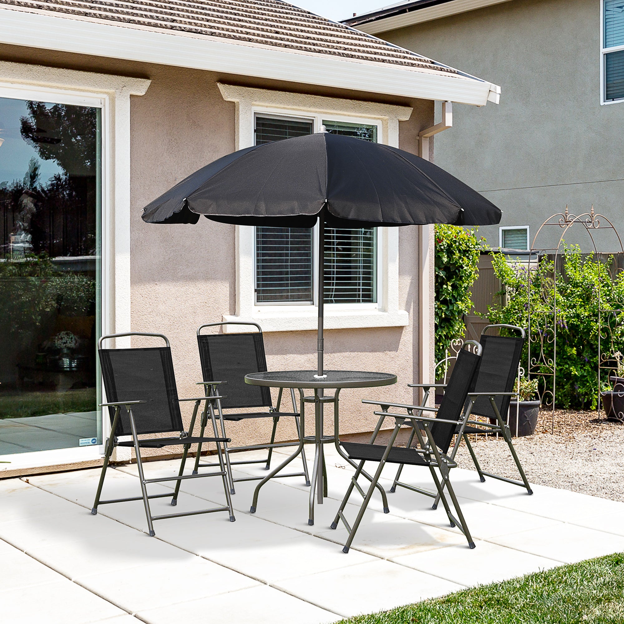 6-Piece Outdoor Dining Set - Round Glass Table, 4 Chairs & Umbrella-DECOROLALA